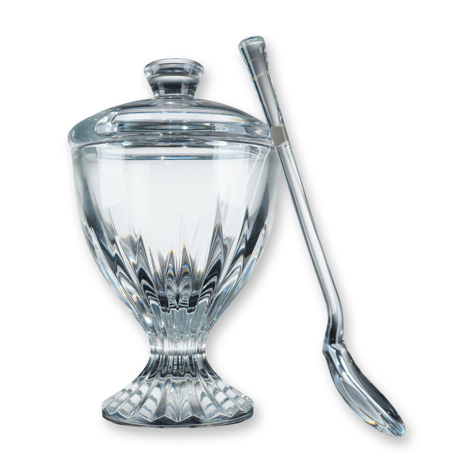 Baccarat Massena Crystal Jam Jar with Lid and Spoon: Baccarat French crystal condiment or jam jar set in the Massena pattern. Crafted from lead crystal, the footed vessel features deep vertical wedge cuts and a matching notched lid with a rounded knob f