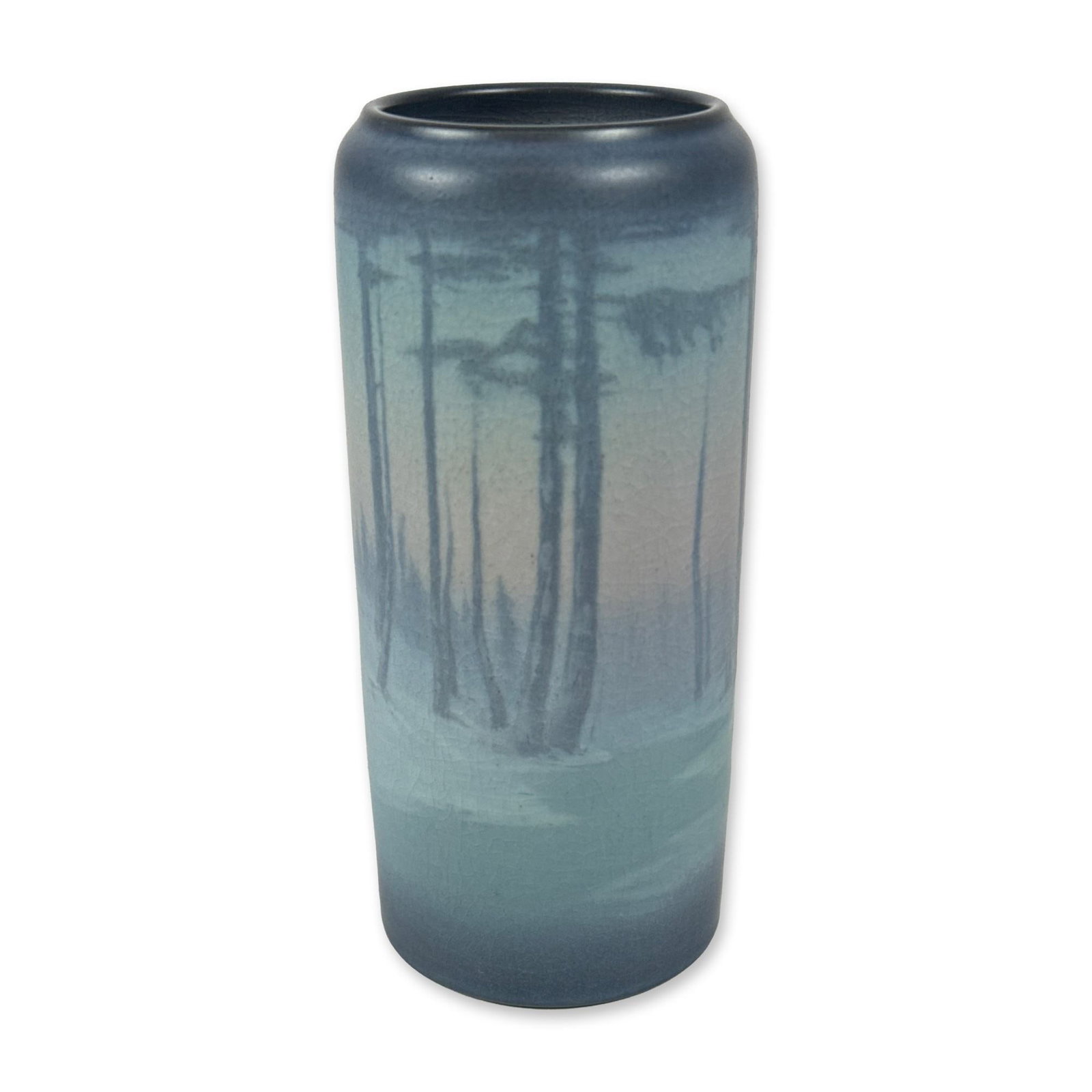Rookwood Pottery by Sarah Elizabeth Coyne Vellum Scenic Vase: A Rookwood Pottery Vellum glaze art pottery vase, dated 1915, featuring a hand-painted scenic landscape by artist Sarah Elizabeth Coyne. The cylindrical form displays a continuous 360-degree misty for