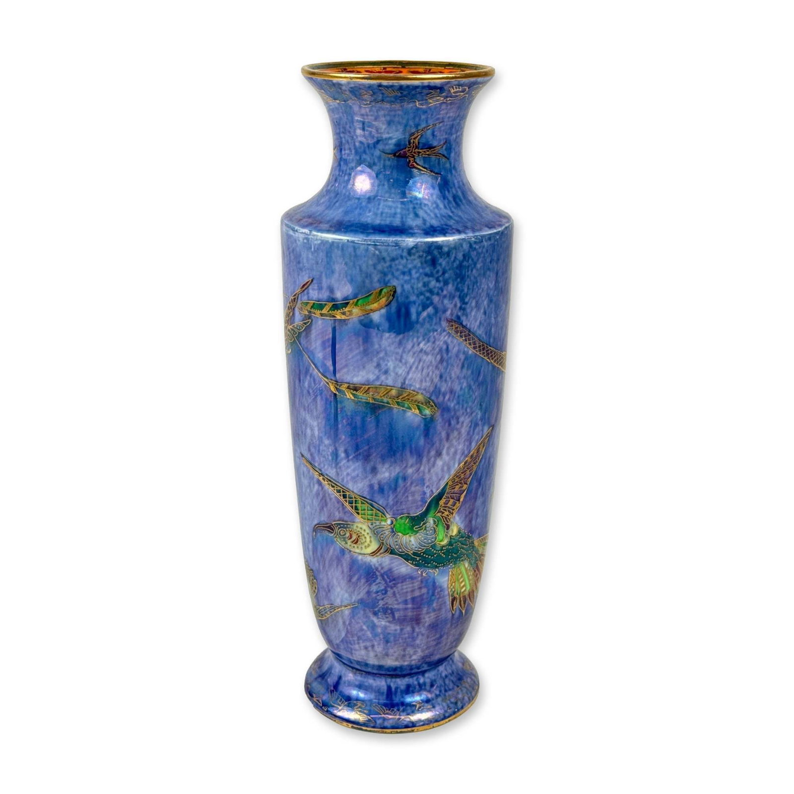 Wedgwood Hummingbird Lustre Porcelain Vase, Z5294: Wedgwood Hummingbird Lustre porcelain vase, this slender cylindrical vessel features a flared neck and foot, decorated with hummingbirds in flight executed in polychrome enamels and fine gilded outlin