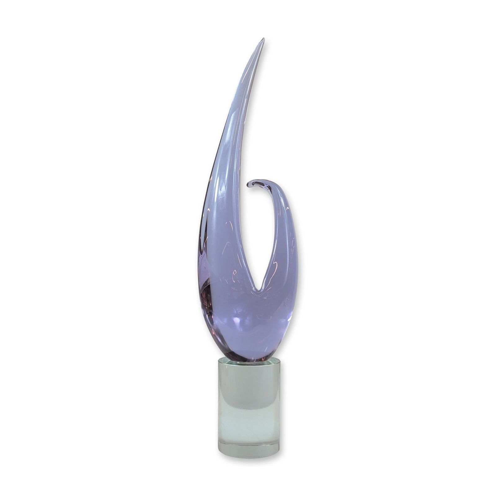 Livio Seguso Murano Art Glass Sculpture: Large-scale lavender glass form in a biomorphic flame shape with an elongated point, set on a solid cylindrical clear glass base. Hand-blown and shaped construction. Incised signature for Livio Seguso