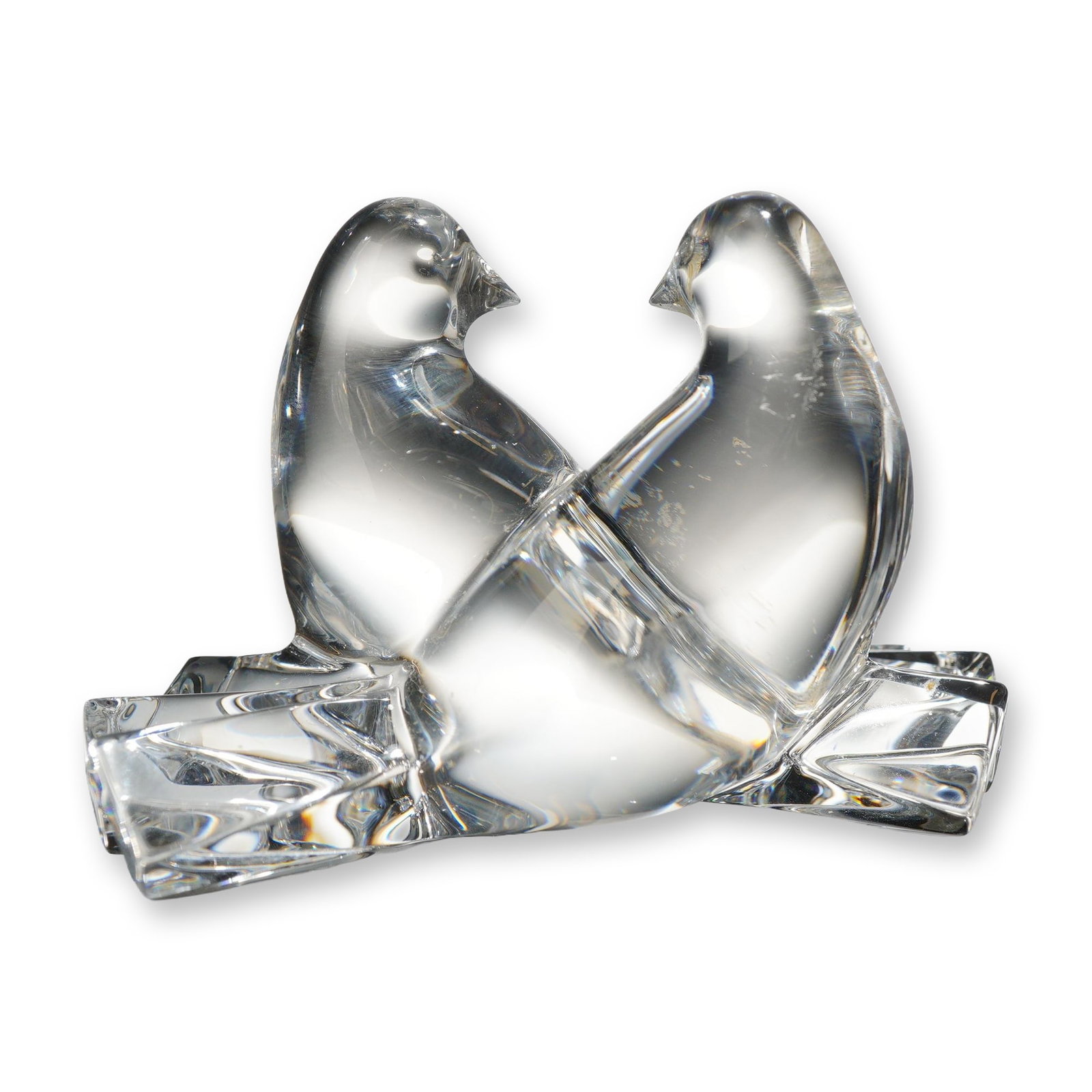 Baccarat Clear Crystal Love Doves Figurine: Baccarat clear crystal figurine depicting a pair of stylized doves, commonly referred to as Love Doves or Amoureux. The figurine features two birds facing each other, perched atop a faceted base desig