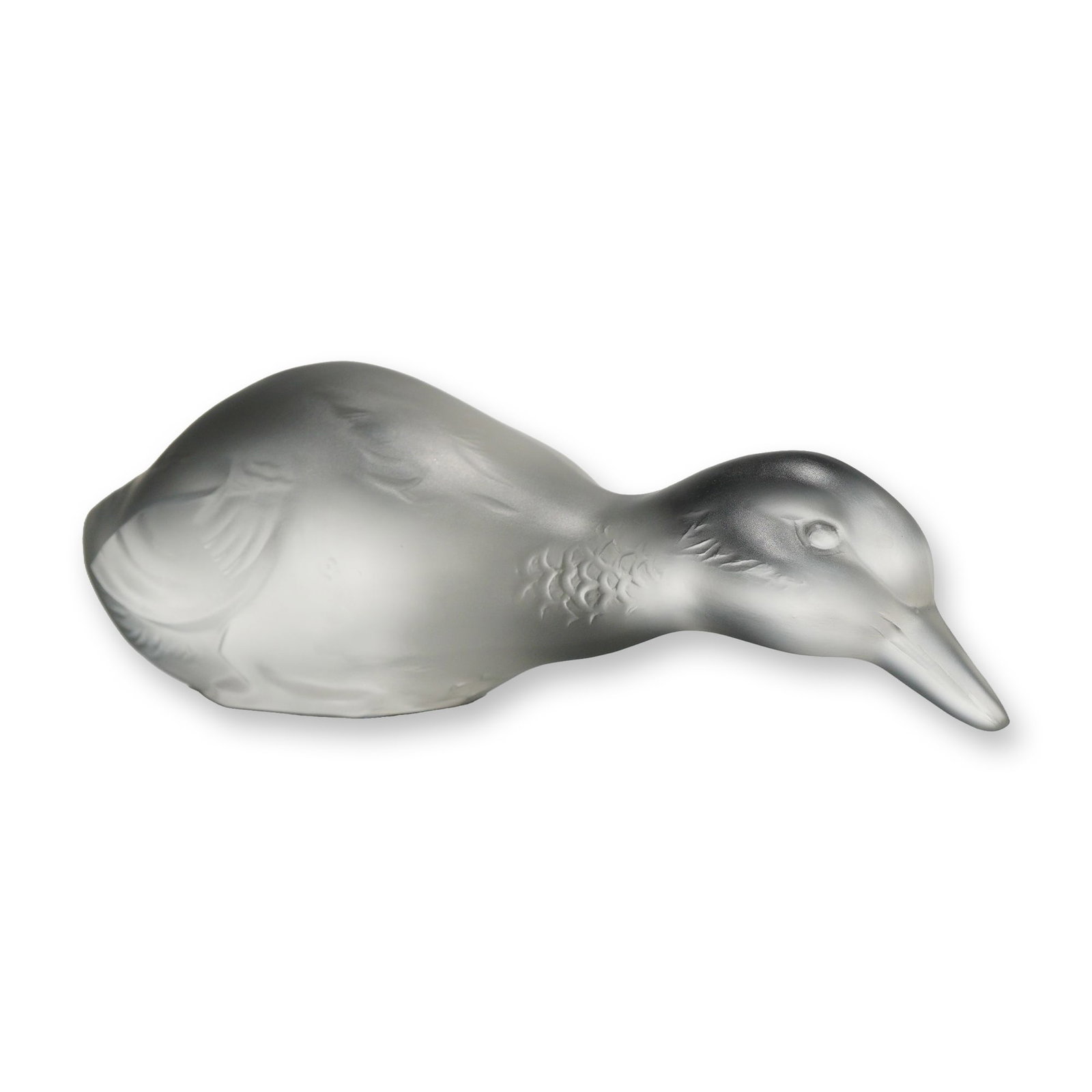 Baccarat Frosted and Clear Crystal Duck Figurine: This figurine is a Baccarat lead crystal duck depicted in a feeding or preening pose. The design features a contrast between a satin-frosted surface on the body and a clear, polished finish on the bas