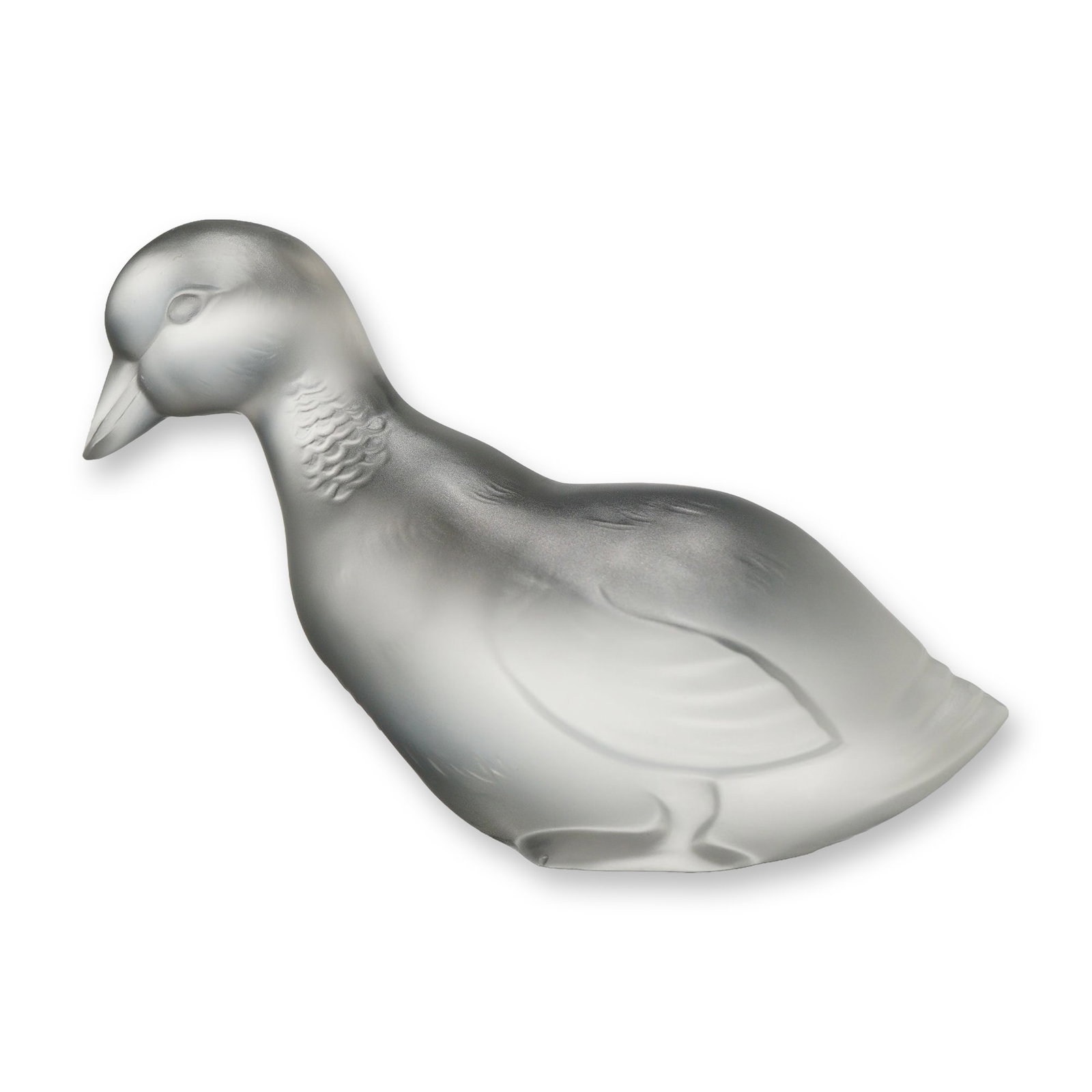 Baccarat Frosted Crystal Duck Figurine: This Baccarat frosted lead crystal figurine depicts a duck in a resting or swimming pose. The piece features a satin-finish surface with molded textures on the neck and wings that represent plumage. T