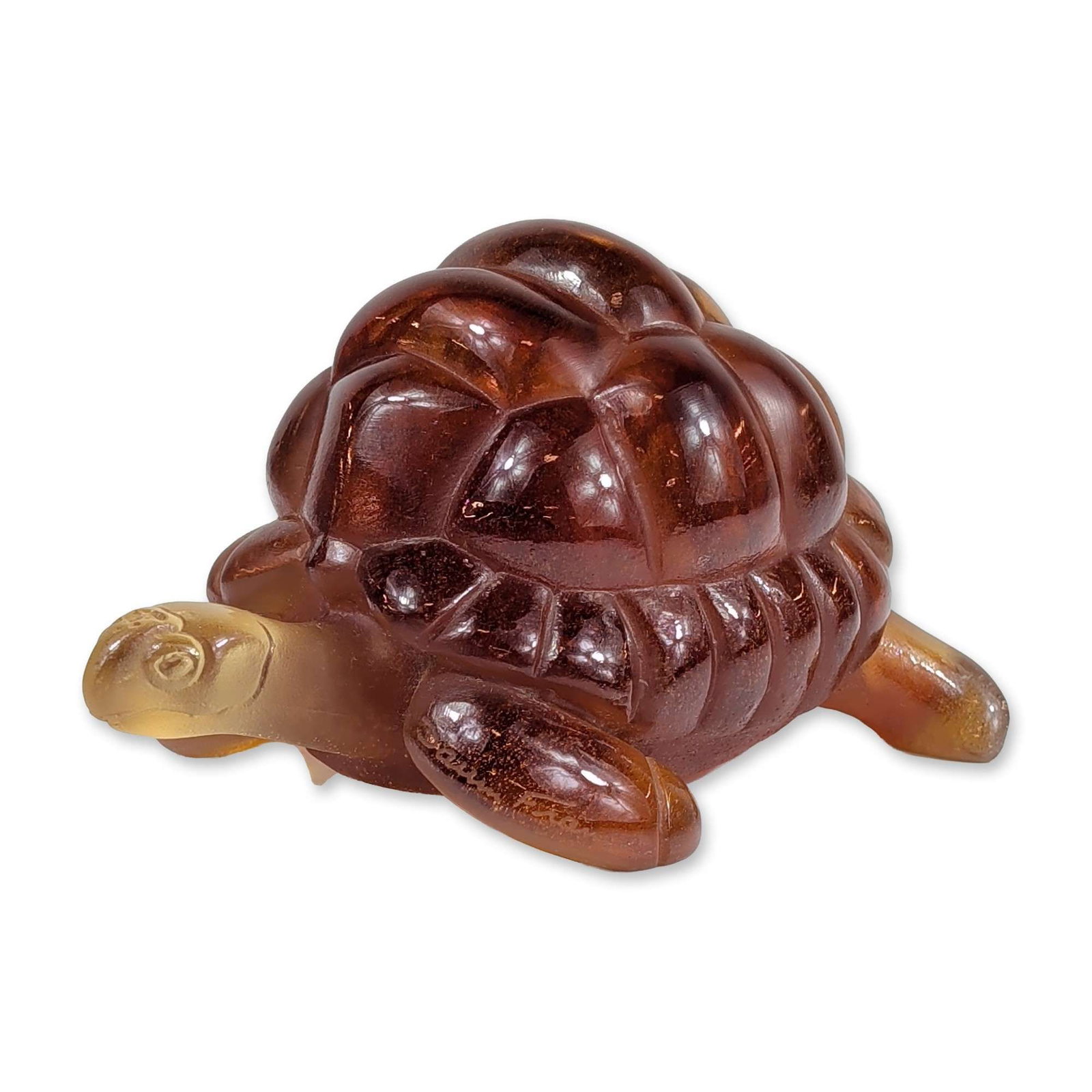 Daum Nancy Amber Pate de Verre Turtle: Daum, France. Large turtle figurine in pate de verre glass, featuring a deep amber segmented shell with a polished finish and contrasting frosted honey-colored head and limbs. The solid glass casting 