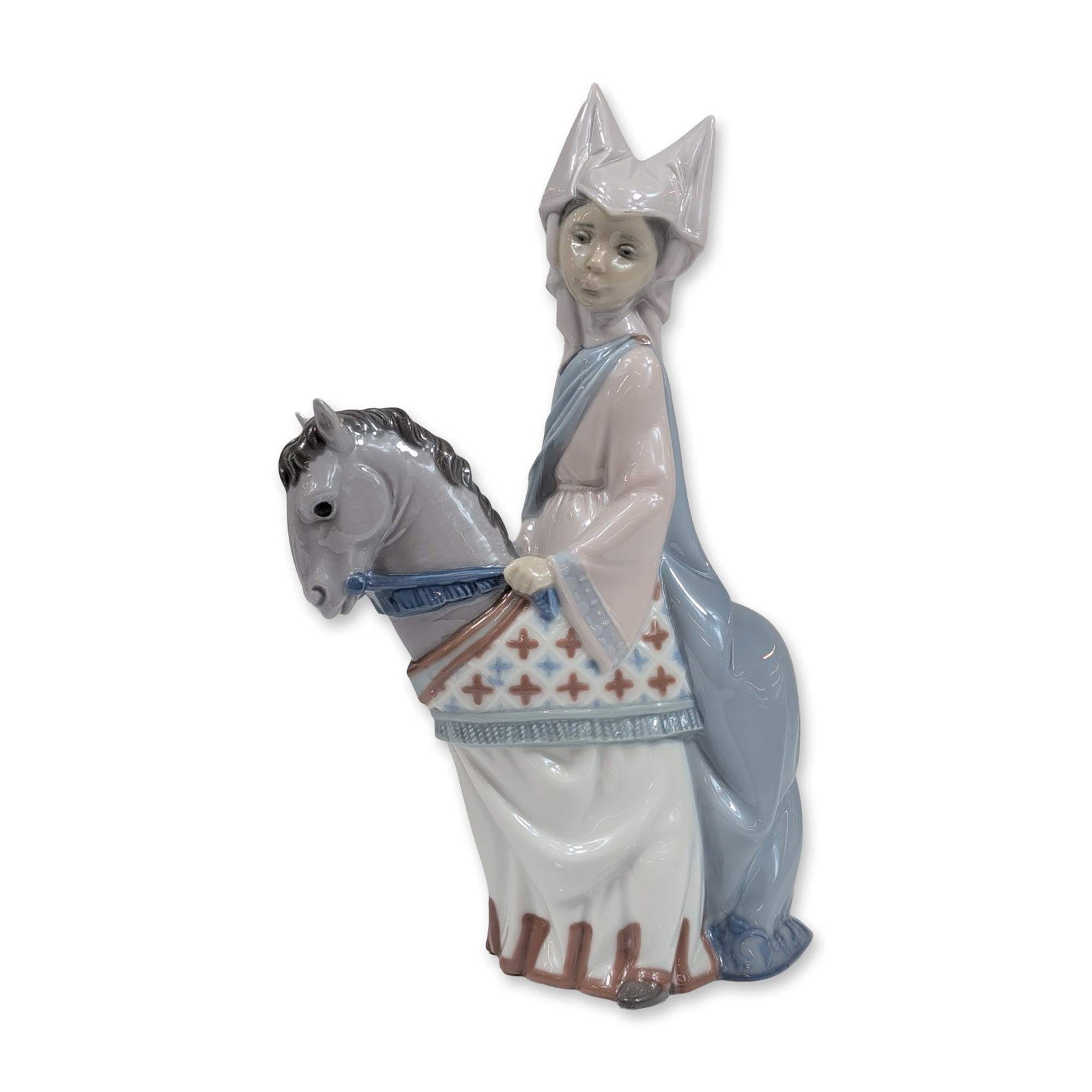 Lladro Medieval Princess Glazed Porcelain Figurine: Lladro Spanish glazed porcelain figurine, model number 6113, titled Medieval Princess. The piece depicts a woman in medieval-style attire seated sidesaddle on a gray horse. The figure is dressed in a 
