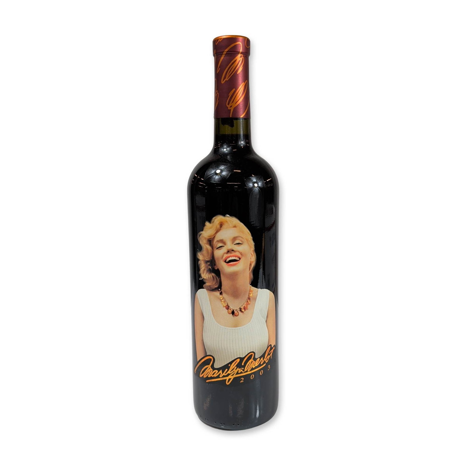 2003 Marilyn Merlot Napa Valley Red Wine: Napa Valley, California. Unopened bottle of 2003 Marilyn Merlot, representing the nineteenth vintage of the series. This red wine is a blend of 85% Merlot and 15% Cabernet Sauvignon, produced and bott