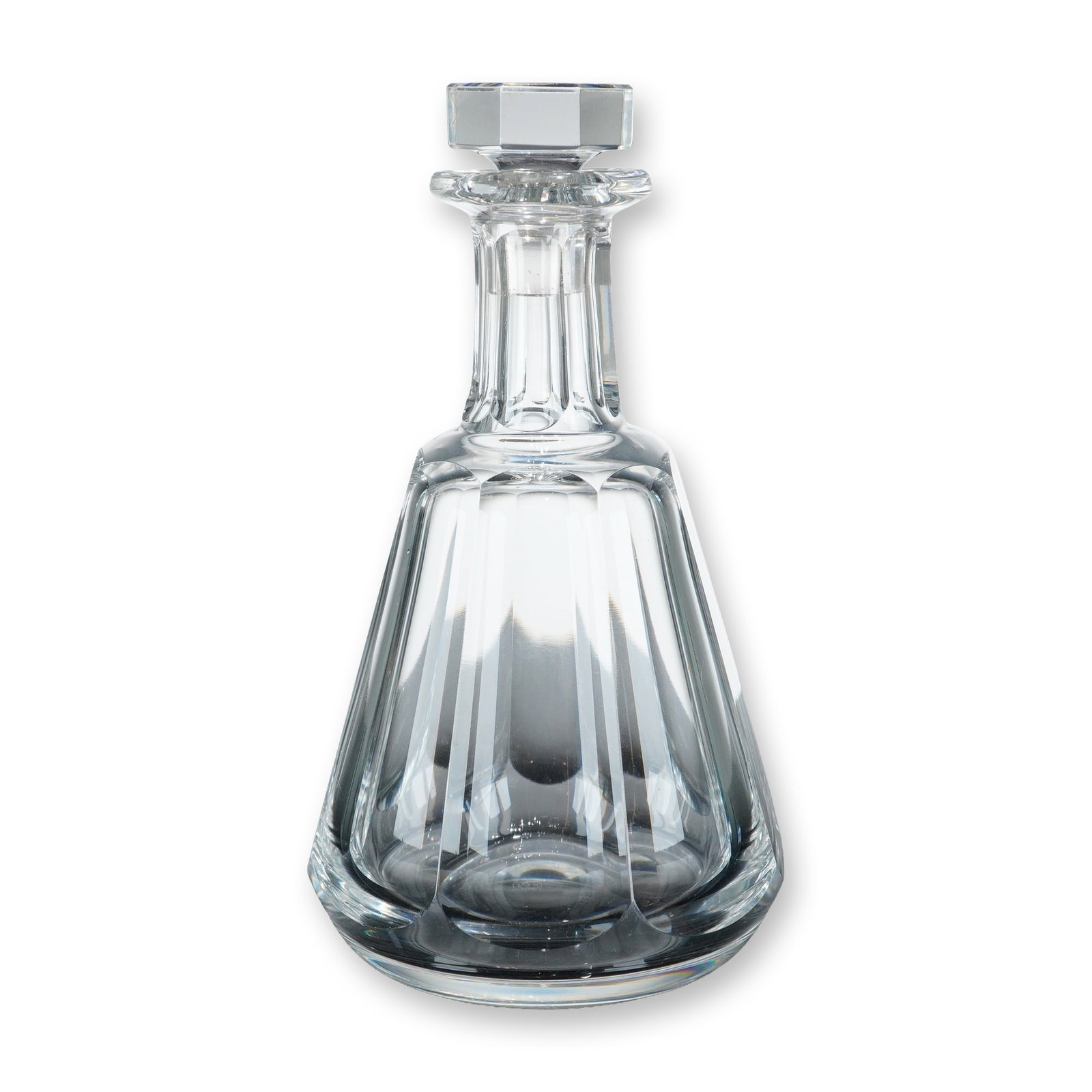 Baccarat Crystal Talleyrand Decanter with Stopper: Talleyrand pattern crystal decanter with matching faceted stopper. The lead crystal vessel features a tapered conical body decorated with wide vertical flat-cut flutes extending to the shoulder. The n