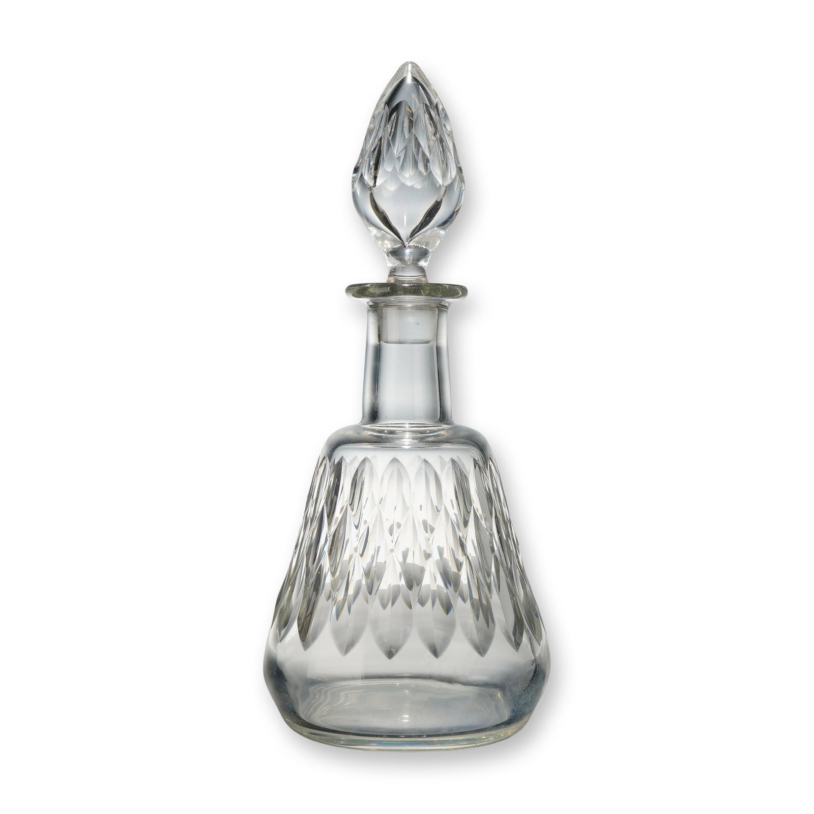 Baccarat France Crystal Armagnac Decanter with Stopper: A clear lead crystal decanter of bell-shaped form produced by Baccarat, France, in the Armagnac pattern. The decanter is accompanied by its original matching teardrop-shaped faceted stopper. The main 