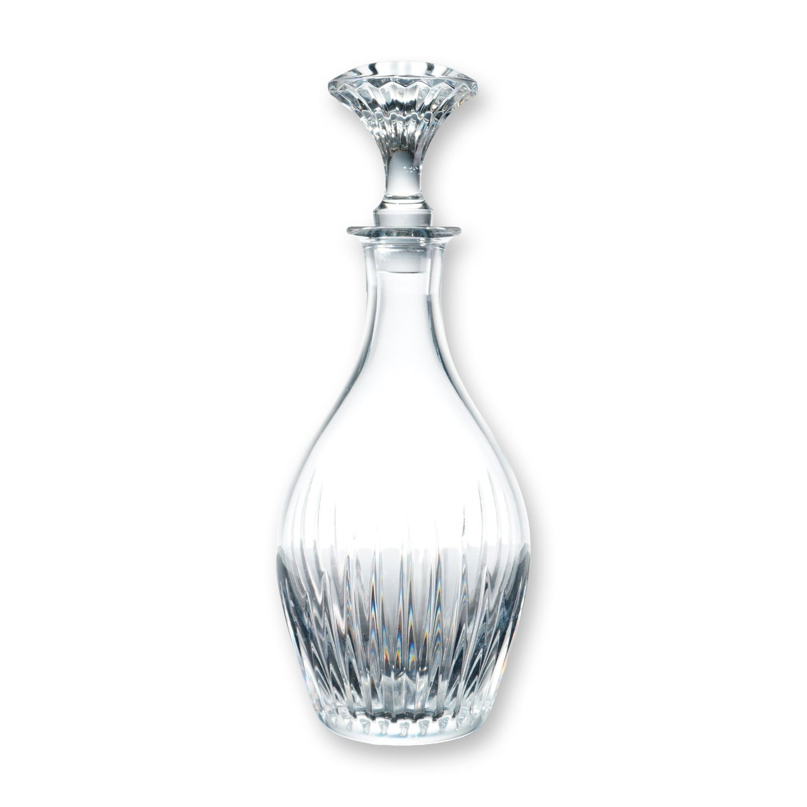 Baccarat Massena Crystal Decanter with Stopper: Baccarat crystal decanter in the Massena pattern, produced in France. The vessel features a bulbous ovoid body decorated with deep vertical mitre cuts on the lower half that terminate in points toward