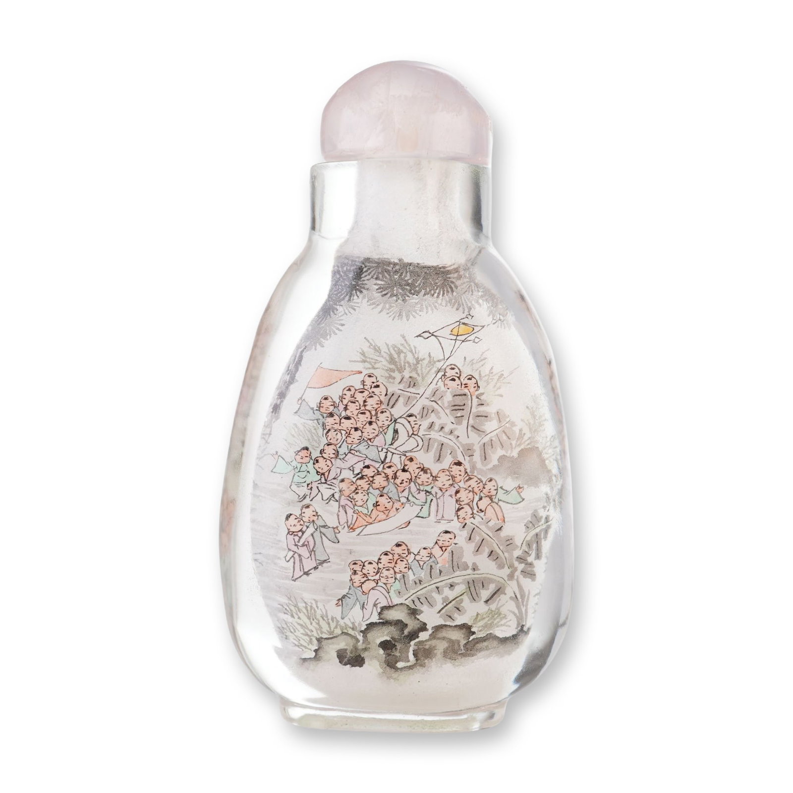 Inside Painted Glass Snuff Bottle, 100 Boys Playing in Garden with Kites: A pear-shaped glass snuff bottle with a painting on the inner surface depicting a group of boys flying kites and jumping rope, surrounded by botanical and landscape elements. It is accompanied by a do