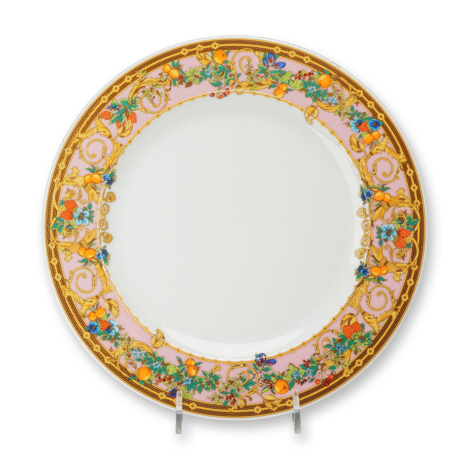 Rosenthal Versace Le Jardin de Versace Porcelain Plate: Rosenthal for Versace. Porcelain salad or dessert plate in the Le Jardin de Versace pattern, featuring a pale pink rim with gilded Baroque-style acanthus scrolls and polychrome fruit and floral motifs