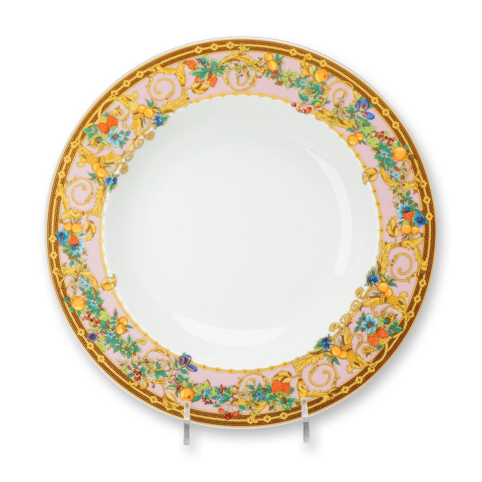 Rosenthal Versace Le Jardin Porcelain Soup Bowl: Rosenthal for Versace rimmed soup bowl in fine porcelain, featuring the Le Jardin de Versace pattern. The design consists of a pastel pink border decorated with golden neoclassical acanthus scrolls,