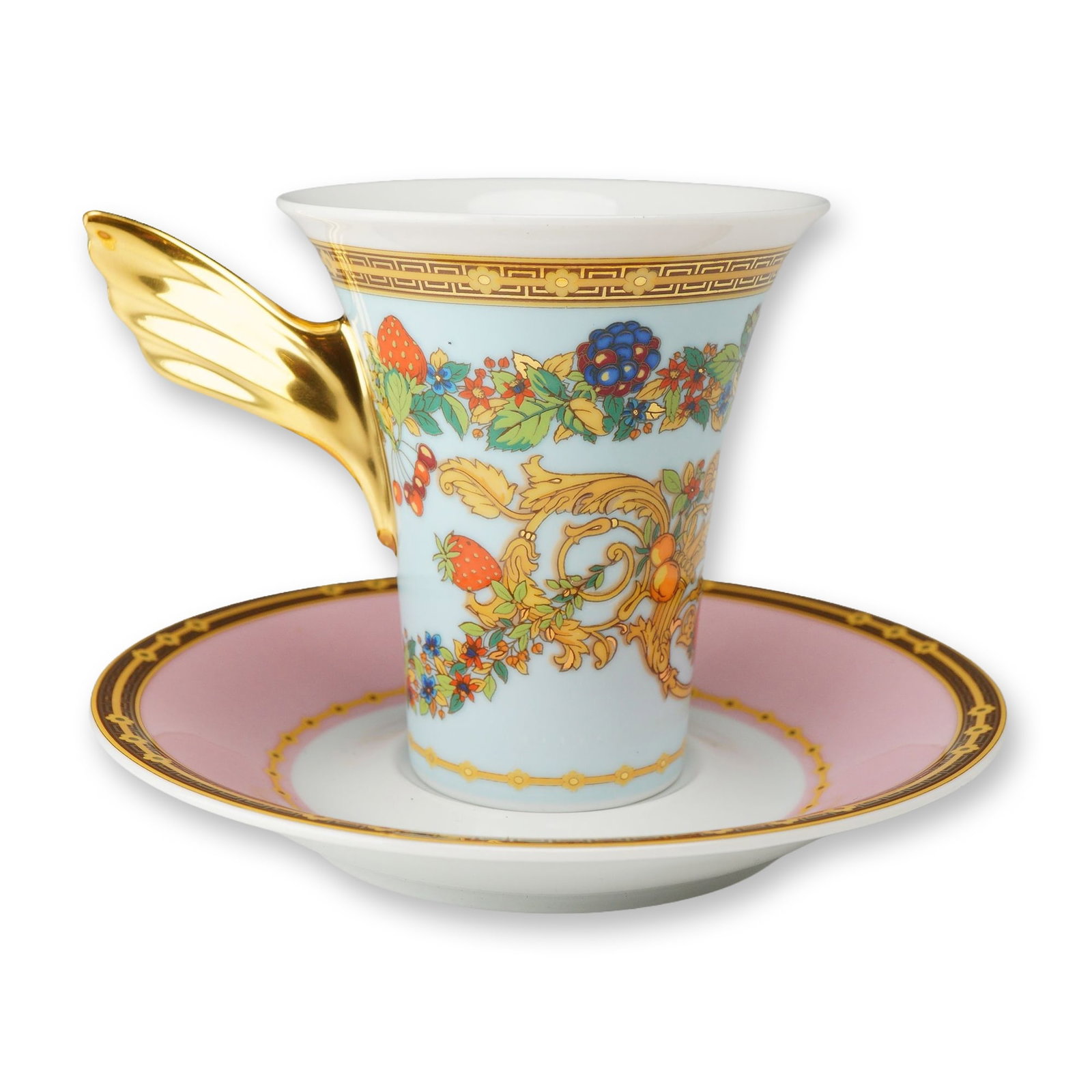 2pc Rosenthal Versace Le Jardin de Versace Porcelain Cup and Saucer: Rosenthal for Versace porcelain demitasse cup and saucer in the Ikarus form designed by Paul Wunderlich. Featuring the Le Jardin de Versace pattern with polychrome floral and fruit swags on a light bl