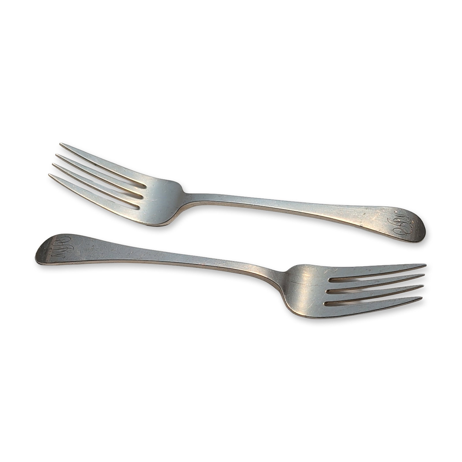2pc Tuttle Silver Company Sterling Silver Salad Forks, Hannah Hull: Two sterling silver salad forks in a traditional pattern, each with a plain handle. The handle fronts feature an engraved interlaced script monogram. Reverse stamped STERLING with Tuttle Silver