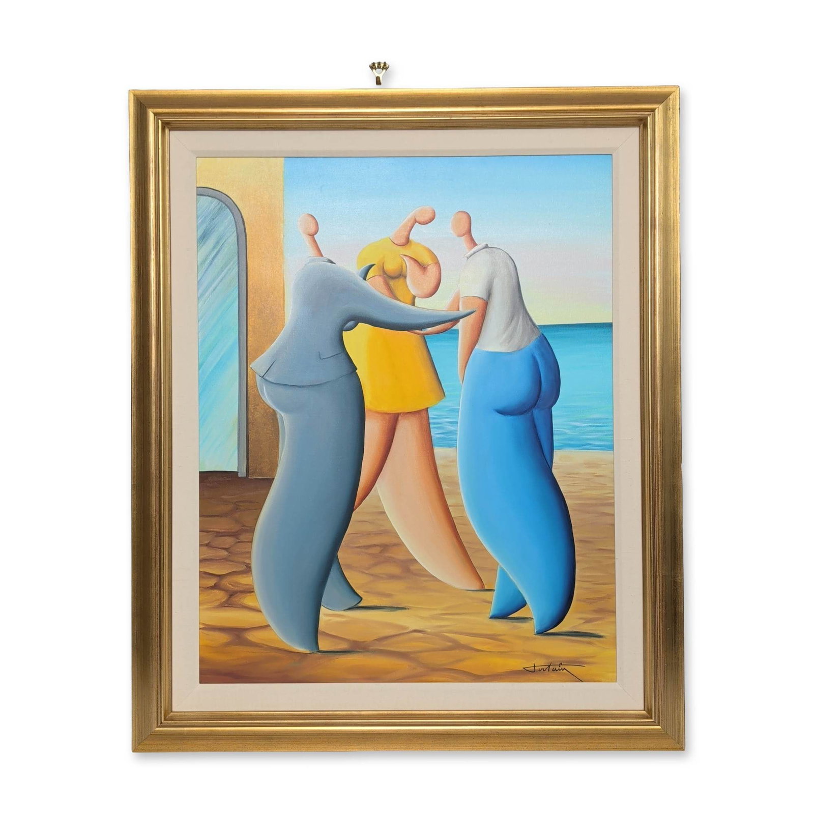 Jean-Louis Toutain (French, 1948-2008), Oil on Canvas, Introductions, Signed: Jean-Louis Toutain (French, 1948-2008) figurative abstract painting in oil on canvas, entitled Introductions, featuring three bulbous silhouettes in blue, yellow, and grey garments set against a minim