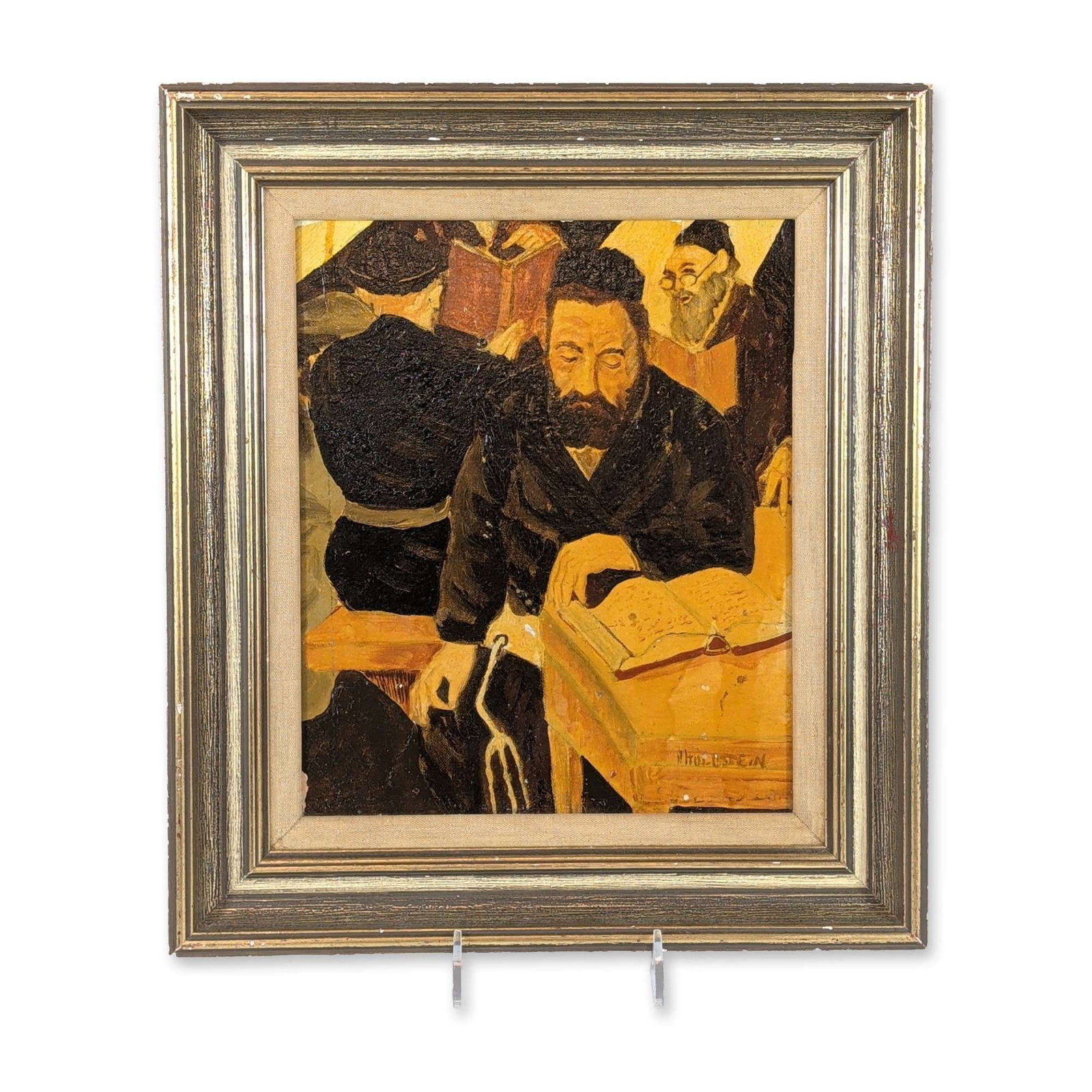 Expressionist Original Oil Painting on Canvas, Jewish: Mid-century expressionist oil on canvas panel, depicting three Jewish men engaged in study. The composition features heavy brushwork and a simplified palette of yellow ochre and dark earth tones. Hous