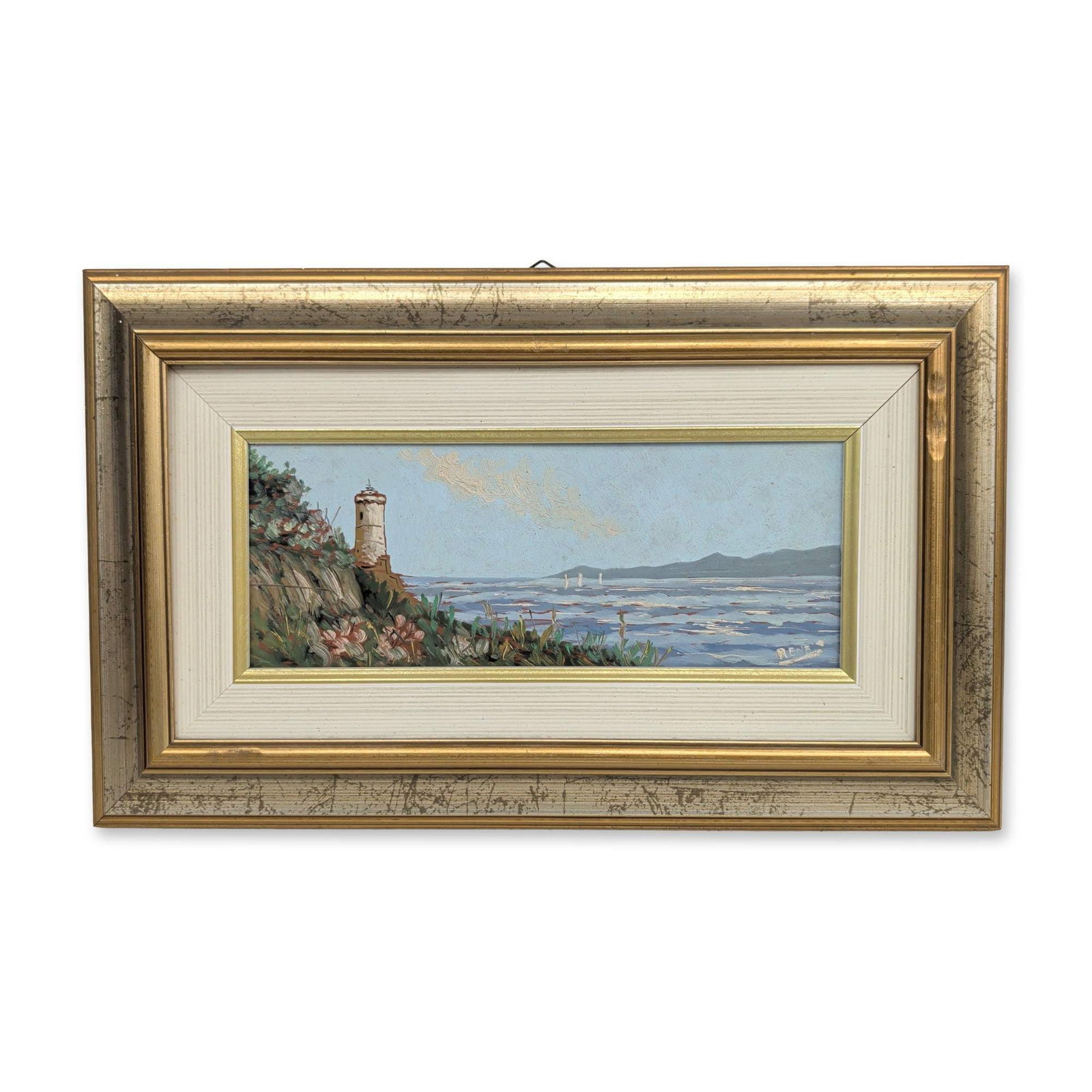 Impressionist Oil on Board, Coastal Lighthouse Seascape, Signed Rene: Impressionist style coastal landscape in oil on board, featuring a lighthouse perched on a cliffside overlooking a sea with vertical wave patterns. The composition is executed with light impasto brush