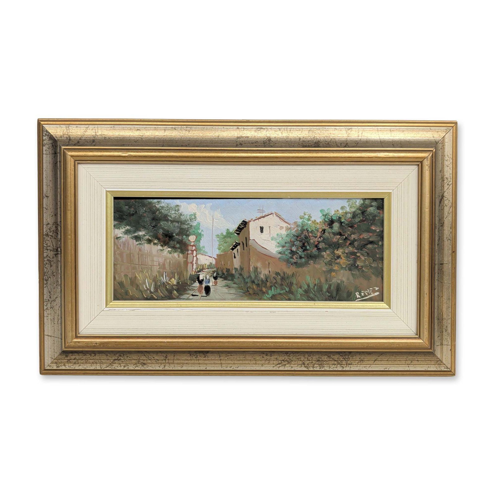 Impressionist Oil on Panel Board, Rural Village Scene, Signed Rene (1 of 4)
