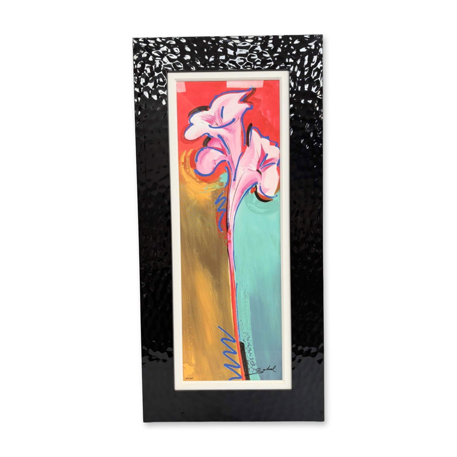 Alfred Gockel (German, b. 1952) Blushing Bouquet, Dye Sublimation Print, Signed & Numbered: Alfred Gockel (German, b. 1952) dye sublimation print on paper, featuring a stylized abstract floral composition with two pink blooms set against a background of red, teal, and ochre with bold gestura