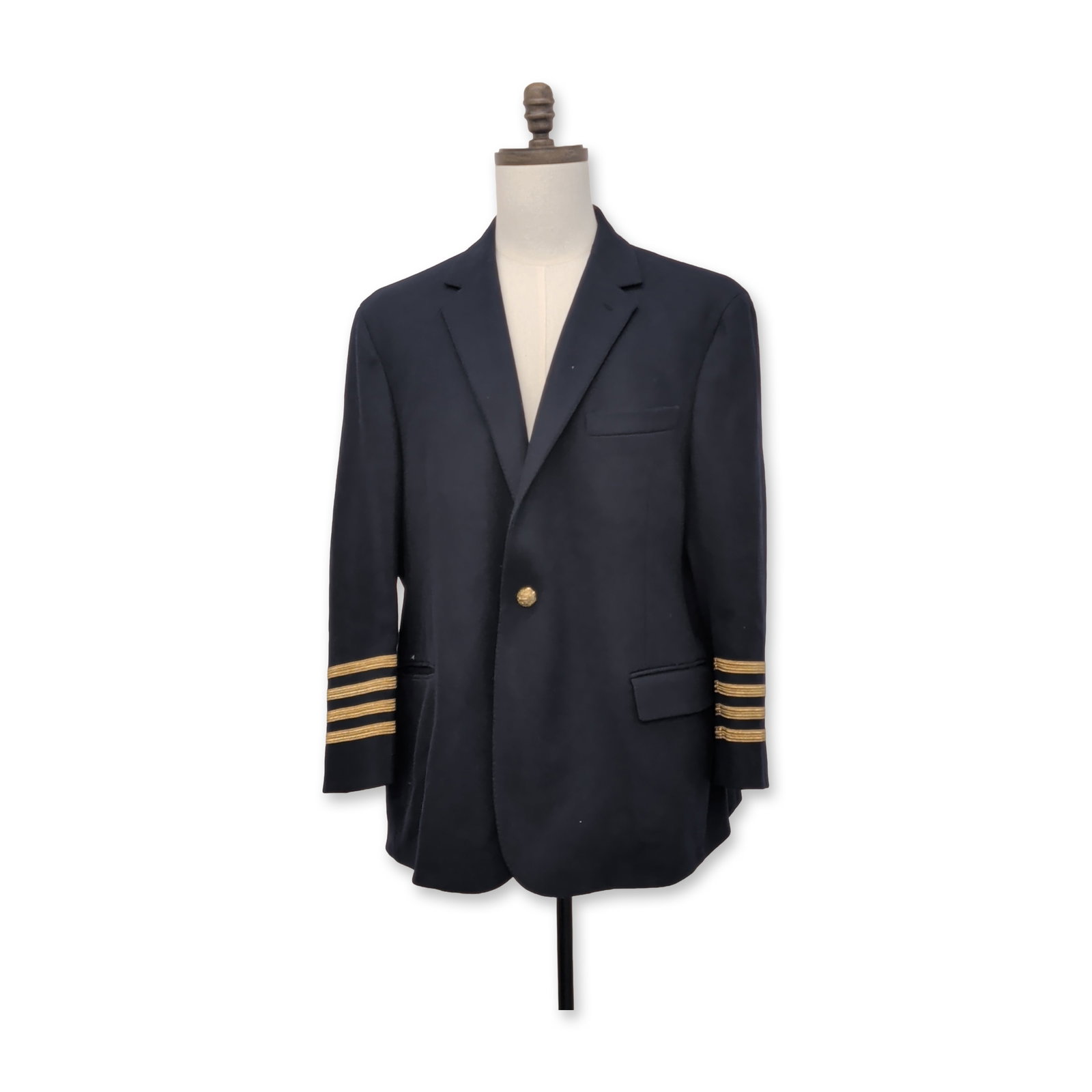 Ralph Lauren Purple Label Navy Captain Blazer: Ralph Lauren Purple Label custom-tailored military-style blazer in navy blue wool and nylon. Single-breasted construction with notched lapels and a single gold-tone metal crest button closure. The but