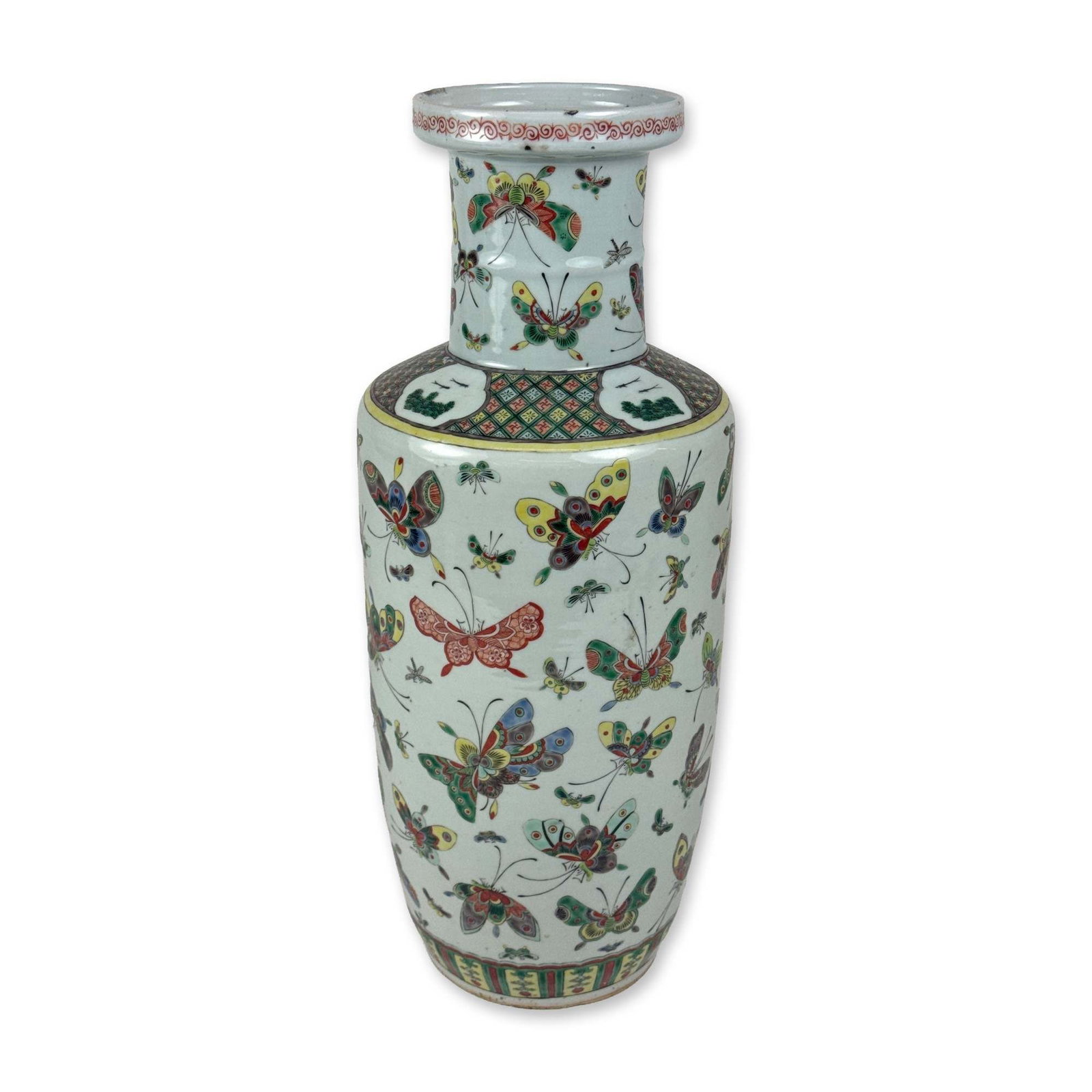 Chinese Famille Rose Porcelain Hundred Butterflies Rouleau Vase: Large Chinese porcelain rouleau vase featuring the Hundred Butterflies pattern. The cylindrical body and waisted neck are decorated with numerous overglaze polychrome enamel butterflies on a pale cela