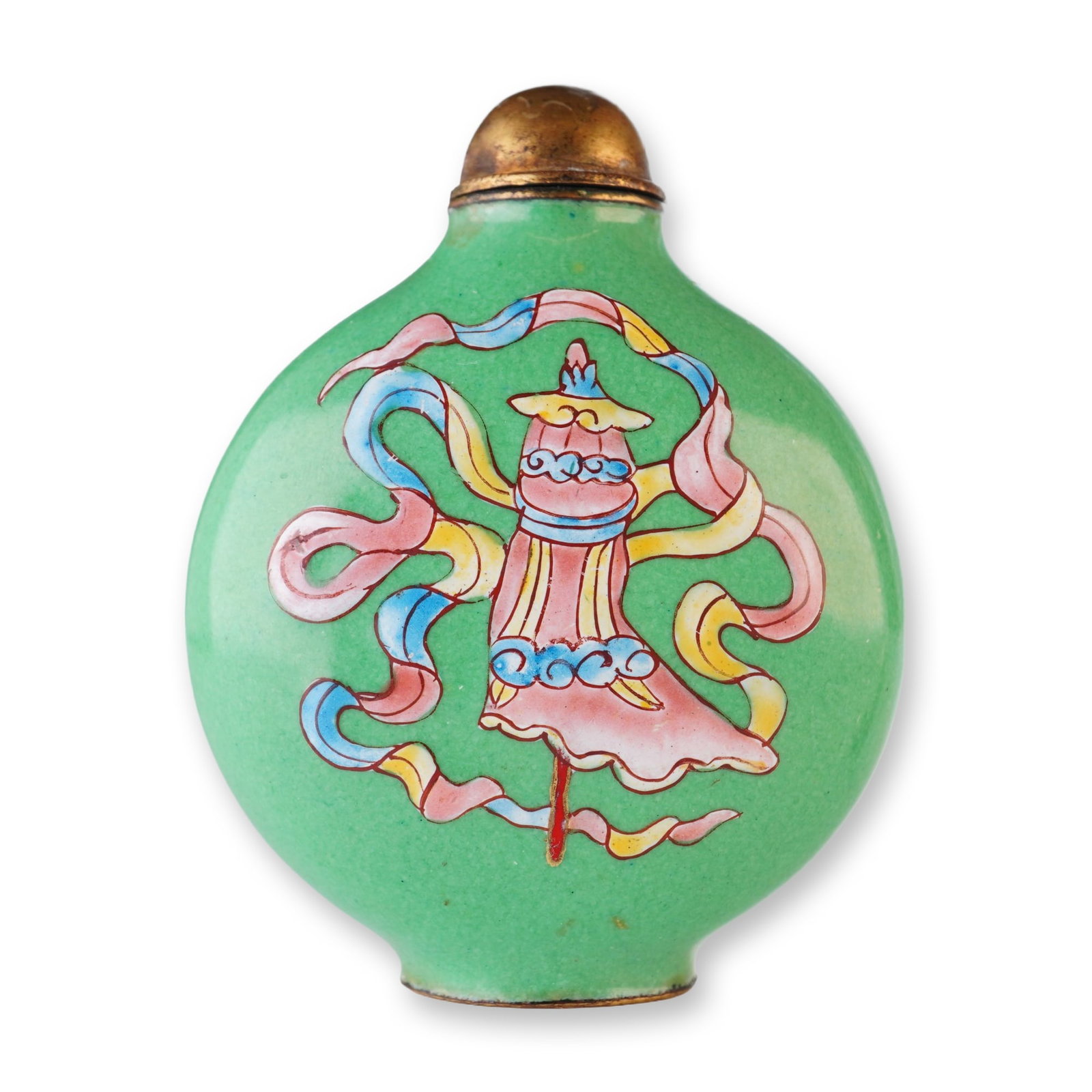 Canton Enamel Snuff Bottle, Parasol and Ribbons, Green Ground (1 of 3)
