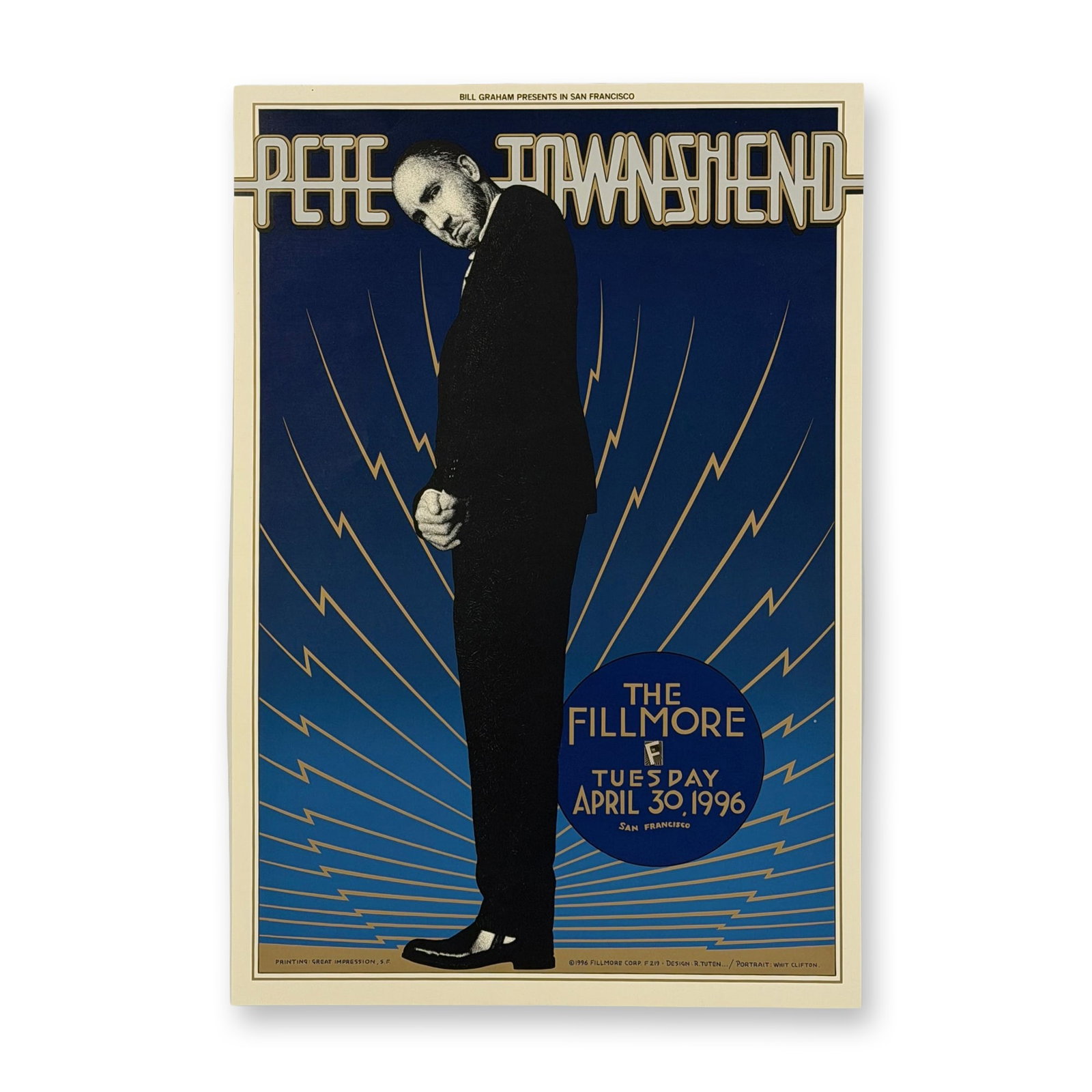Pete Townshend (Solo-The Who) Concert Poster, The Fillmore: Legendary promoter Bill Graham series F-219, designer Randy Tuten, portrait photo by Whit Clifton. Printer Great Impressions, S.F. Reserve $50. Dimensions: 13.00"L x 19.00"H Weight: 2 oz.