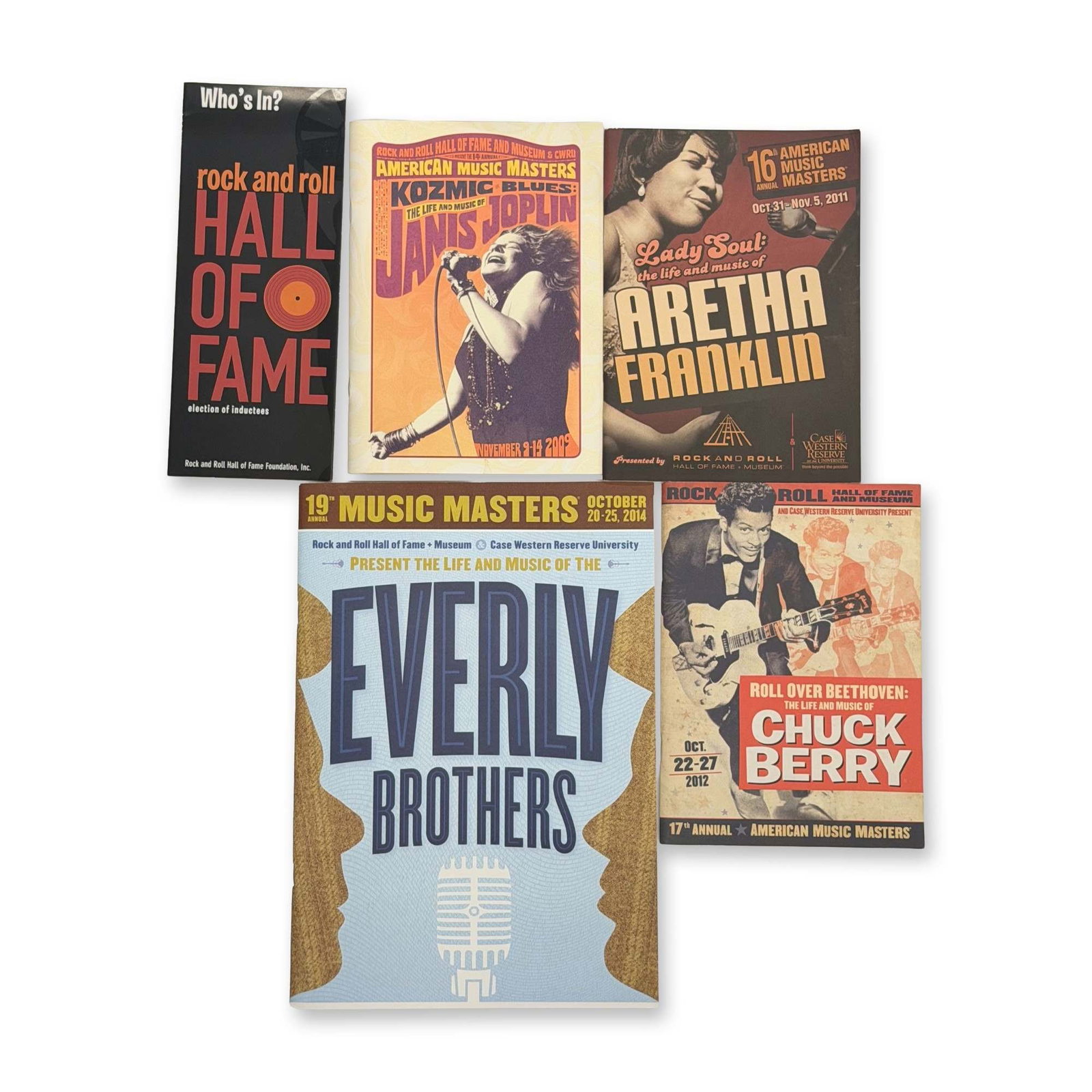 5pc Rock and Roll Hall of Fame American Music Masters Collection: Rock and Roll Hall of Fame and Museum. Collection of five commemorative programs and ephemera from the American Music Masters series produced in partnership with Case Western Reserve University. The g