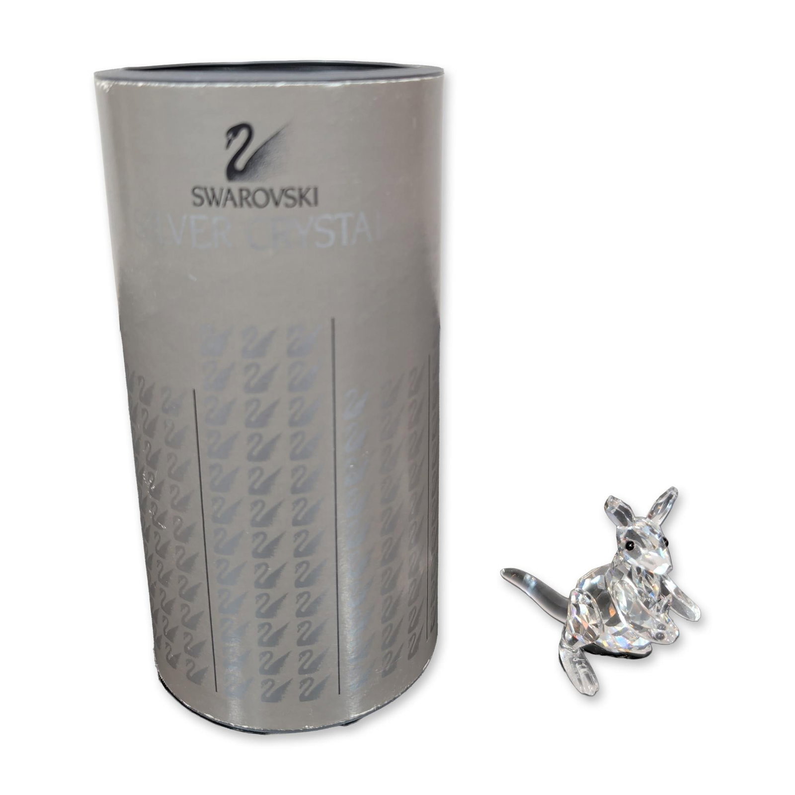 Swarovski Crystal Kangaroo with Joey Figurine: Swarovski lead crystal figurine titled Kangaroo with Joey, designed by Anton Hirzinger. The piece features a faceted crystal body and head with polished crystal ears, limbs, and tail, accented by inse