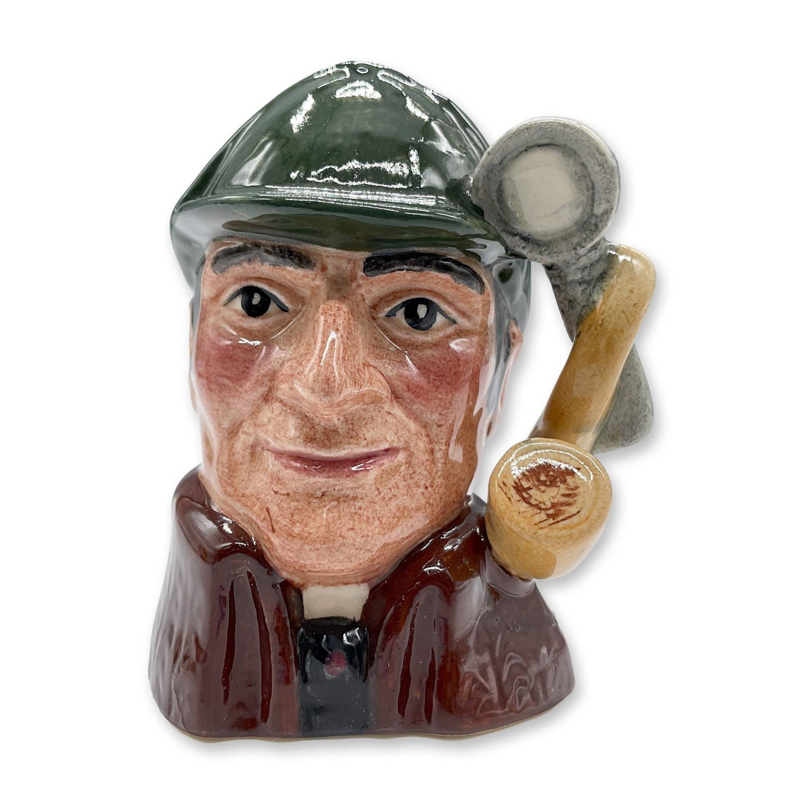 Sleuth D6639 - Mini - Royal Doulton Character Jug: Variation One, dark green deerstalker hat; brown cloak. Royal Doulton backstamp. Artist: Alan Moore Dimensions: 2"L x 1.75"W x 2.75"H Date or Era: 1973 - 1991 Manufacturer or Brand: Royal Doulton