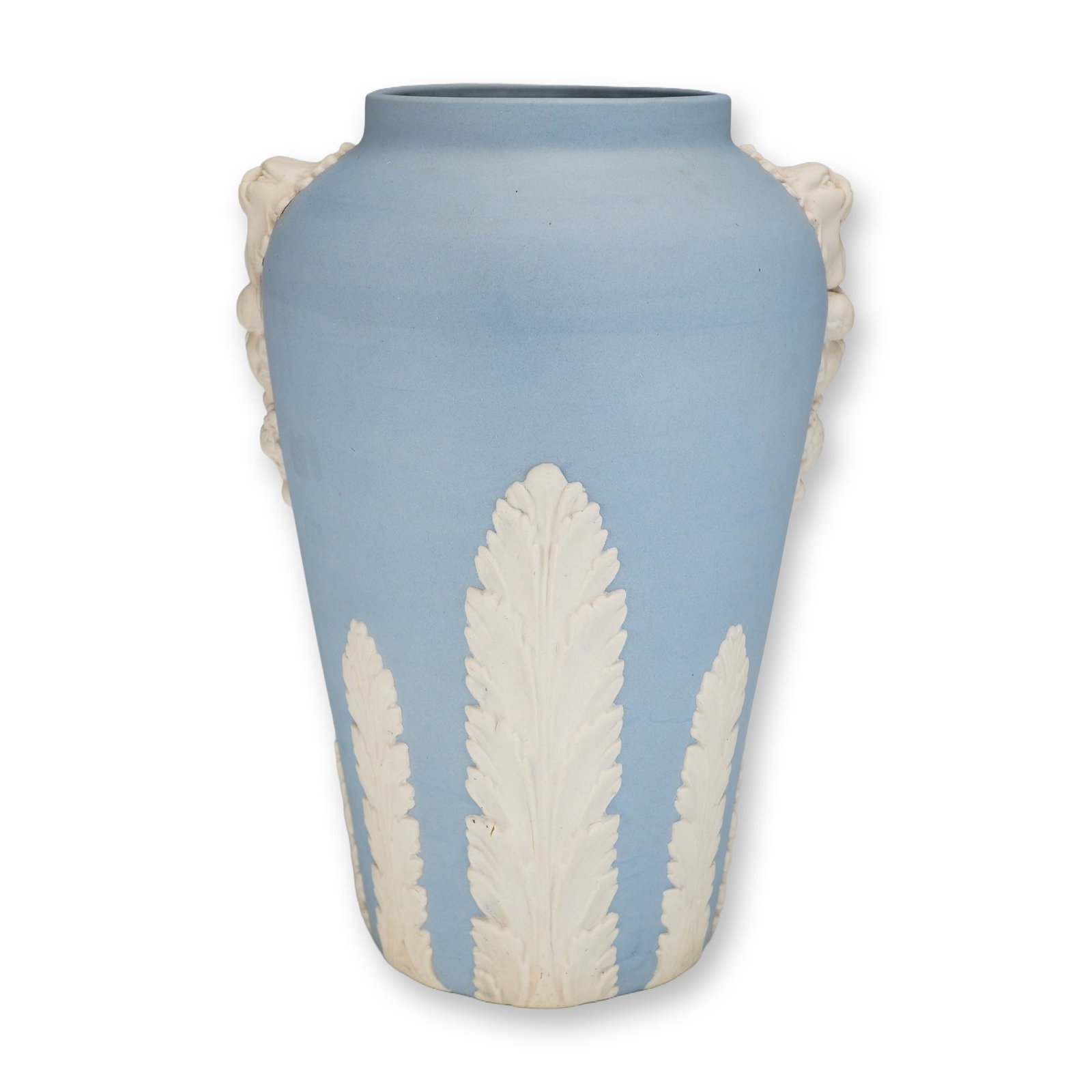 Ecanada Art Pottery Blue and White Jasperware Lion Mask Vase: This large Jasperware-style stoneware vase was produced by Ecanada Art Pottery in Hamilton, Ontario. The piece features a matte light blue ground with white sprigged relief decoration in the neoclassi