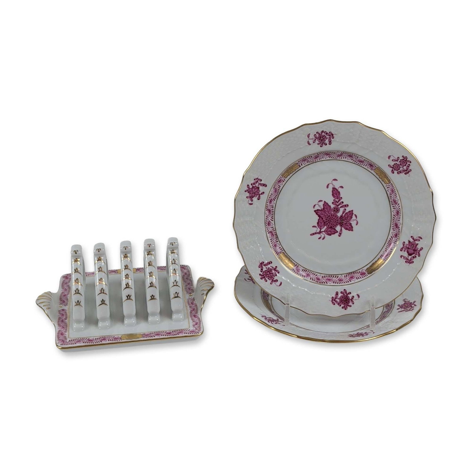 3pc Herend Chinese Bouquet Raspberry Porcelain Plates and Toast Rack (1 of 4)