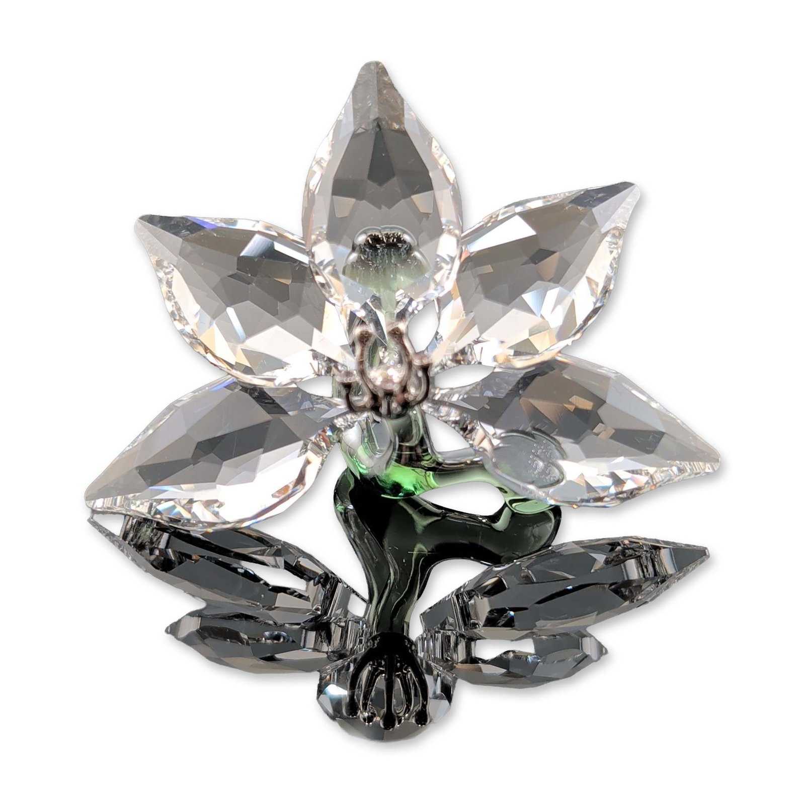 Swarovski SCS 2013 Membership Orchid Figurine: Swarovski Crystal Society (SCS) 2013 membership gift figurine titled Orchid. The piece is constructed from faceted clear lead crystal petals, featuring a transparent green stem with a polished silver-