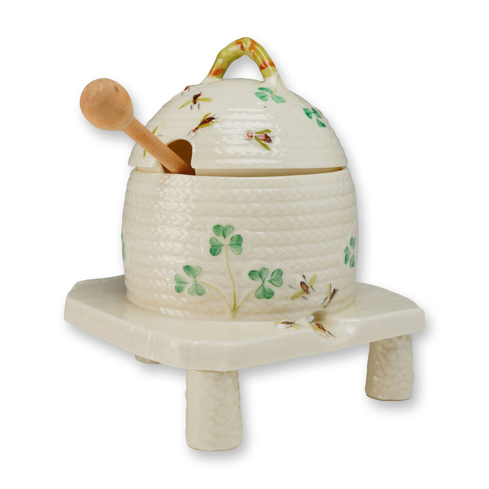 Belleek Parian Porcelain Shamrock Pattern Beehive Honey Pot with Attached Base and Dipper (1 of 4)