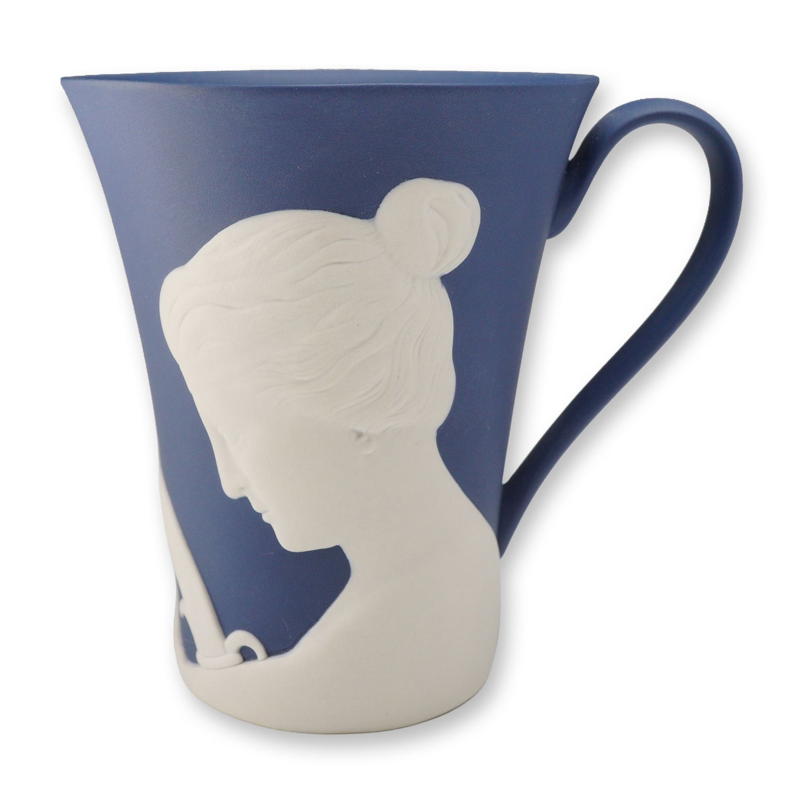 Wedgwood Jasperware 250th Anniversary Commemorative Mug, Terpsichore the Muse of Music: This item is a Wedgwood Jasperware commemorative mug produced for the company's 250th anniversary in 2009. The mug is constructed from matte blue stoneware with white bas-relief sprigged decoration in