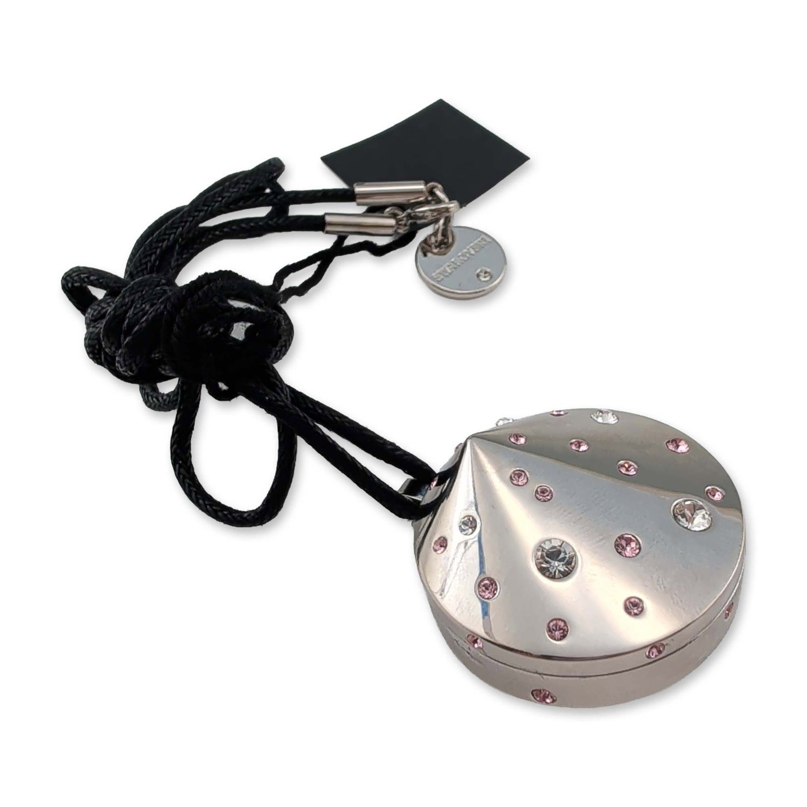 Swarovski Crystal Gloss Lip Jewel Pendant Necklace: Swarovski silver-tone locket-style pendant necklace, featuring a faceted domed face set with clear and pale pink crystals. The pendant opens to reveal a pan of Rose Scintillant pink solid lip gloss. S