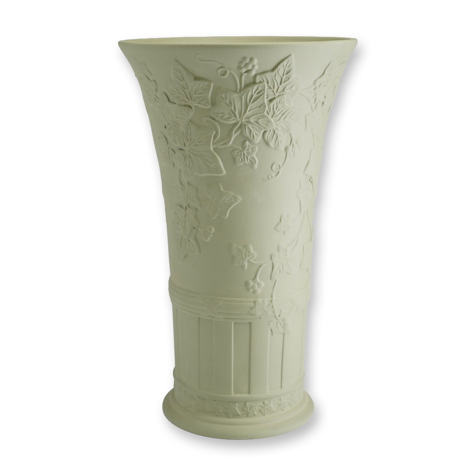 Wedgwood Sage Green Jasperware Doric Ivy Trumpet Vase: A Wedgwood Jasperware trumpet-shaped vase in monochromatic sage green featuring the Doric Ivy pattern. The unglazed stoneware body is decorated with raised relief motifs of trailing ivy vines, leaves,