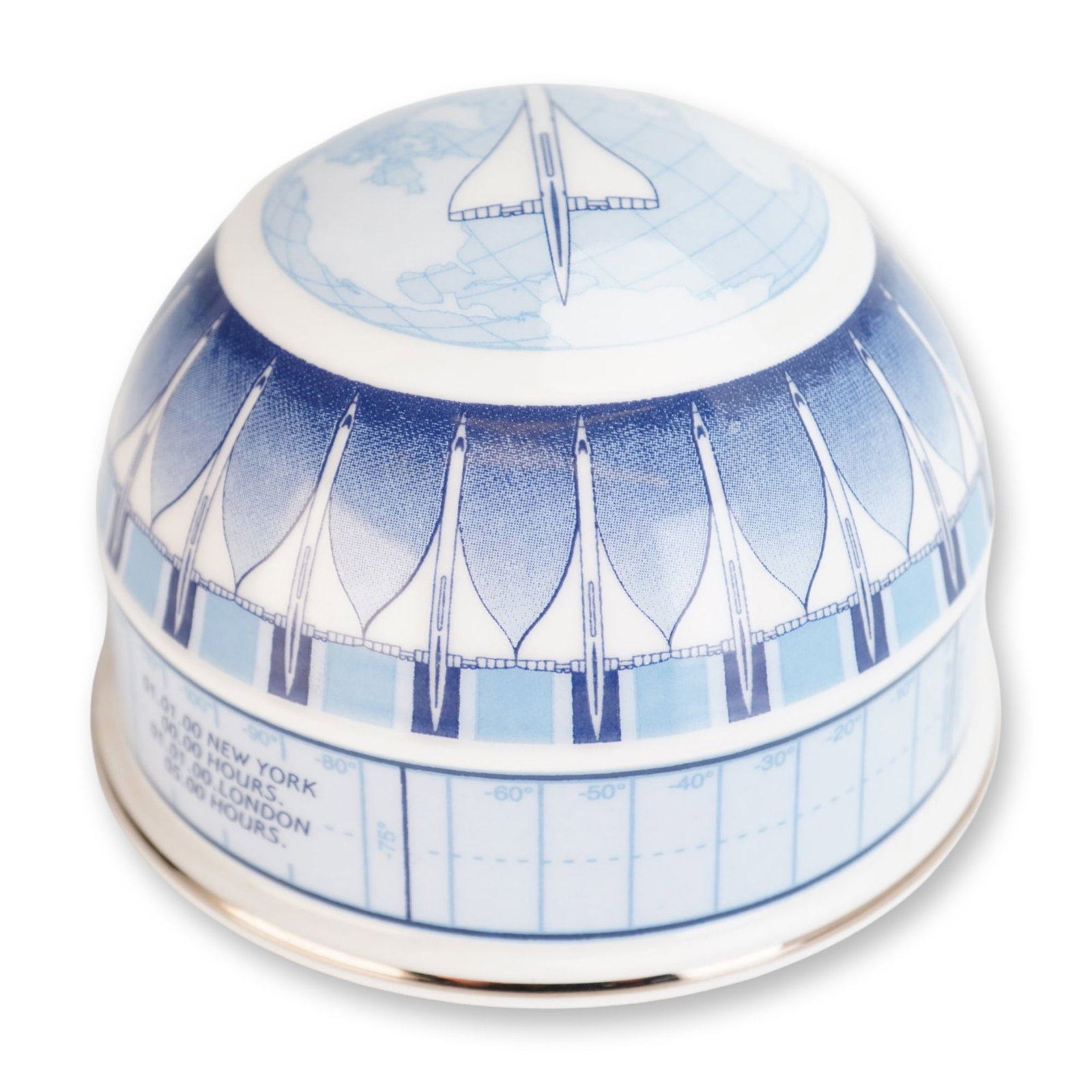 Wedgwood British Airways Concorde Millennium Dome Porcelain Paperweight: A Wedgwood porcelain hemispherical paperweight produced as a commemorative onboard gift for British Airways to celebrate the turn of the 21st century. The piece is crafted from fine white porcelain wi