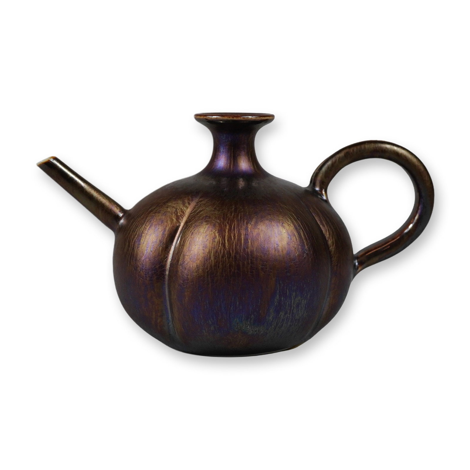 Iridescent Metallic Luster Glaze Lobed Ceramic Teapot: This small ceramic vessel, designed as a teapot or water dropper, features a globular, lobed body with vertical segments creating a pumpkin-like form. It is finished in a dark, iridescent metallic lus