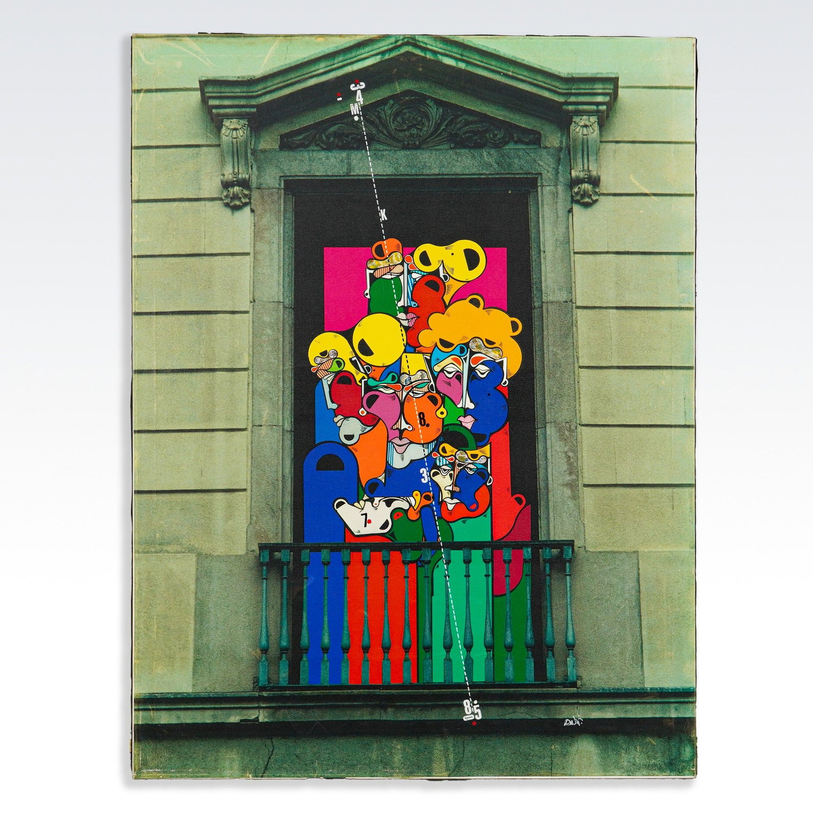 Oswald Aulestia Giclee on Canvas Titled Balcony B4: This contemporary giclee on canvas is titled Balcony B4 by the Spanish artist Oswald Aulestia (b. 1946). The composition features a photographic image of a classical architectural window facade juxtap