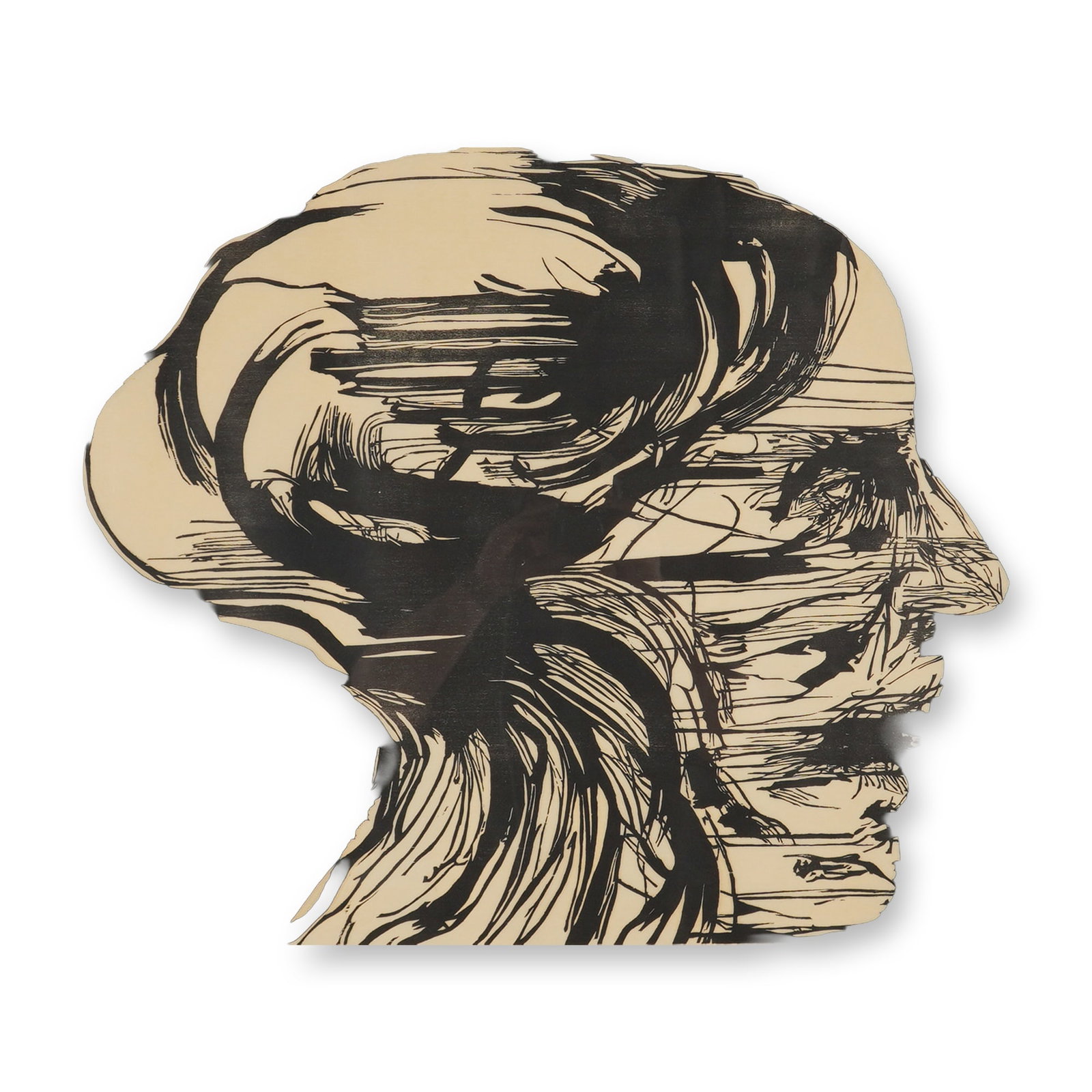 Leonard Baskin (American 1922-2000) Woodcut 0n Paper, Signed & Numbered: This woodcut print on paper titled Agonized by American artist Leonard Baskin, features a stylized, expressionistic human head in profile, executed in a high-contrast black-and-white woodblock techniq