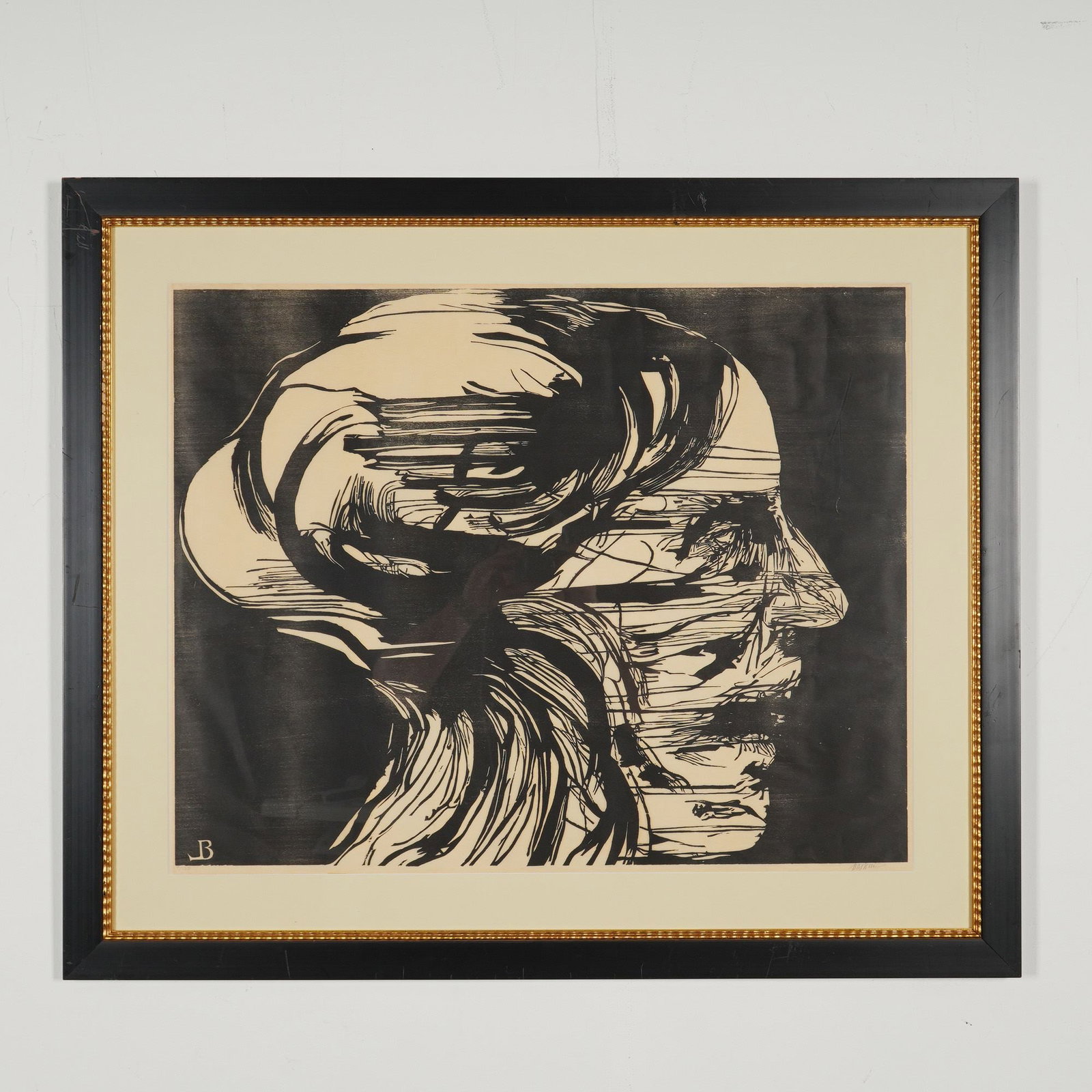 Leonard Baskin (American 1922-2000) Woodcut 0n Paper, Signed & Numbered: This woodcut print on paper titled Agonized by American artist Leonard Baskin, features a stylized, expressionistic human head in profile, executed in a high-contrast black-and-white woodblock techniq