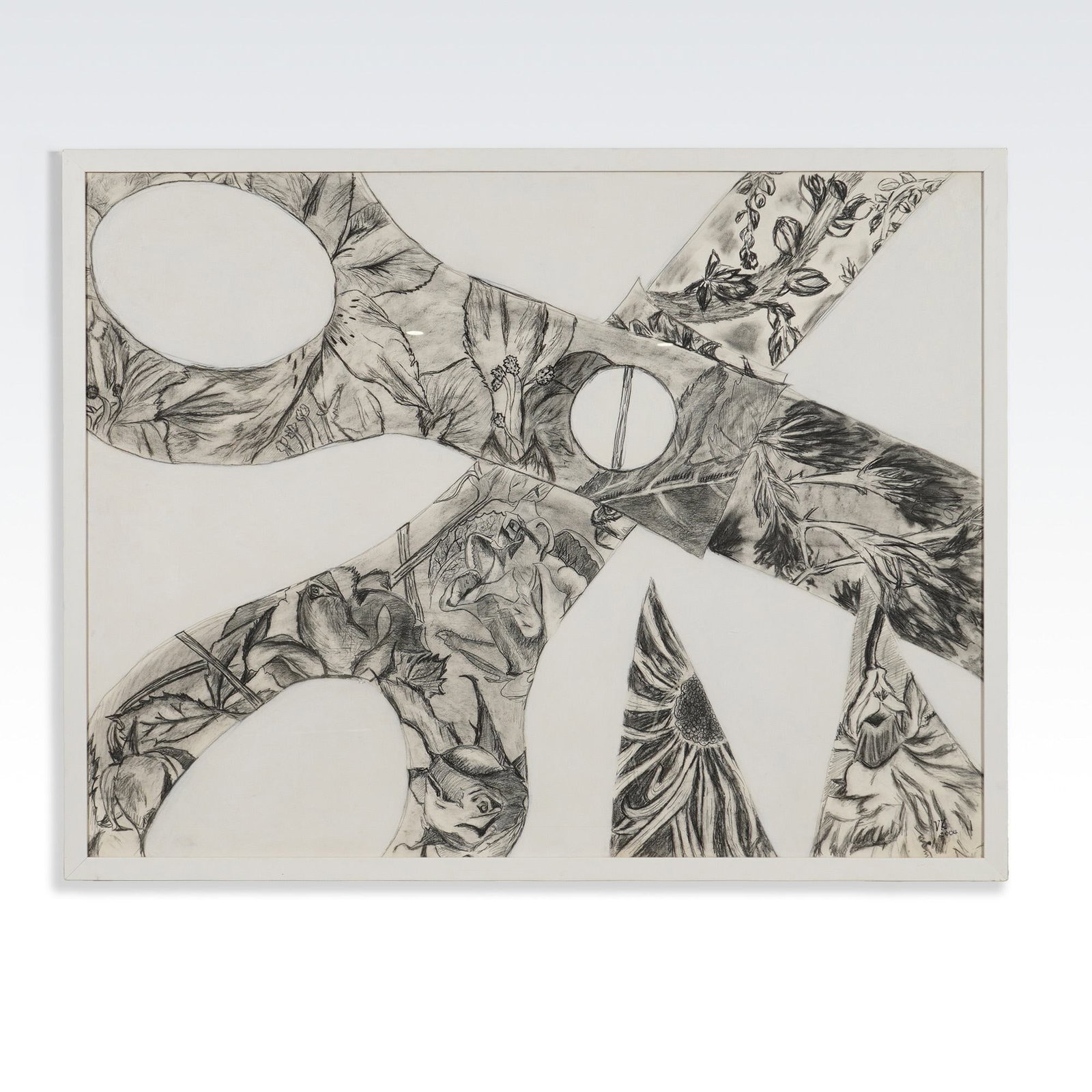 Framed Pastel & Graphite Drawing of Scissors w/ Botanical Designs (1 of 5)