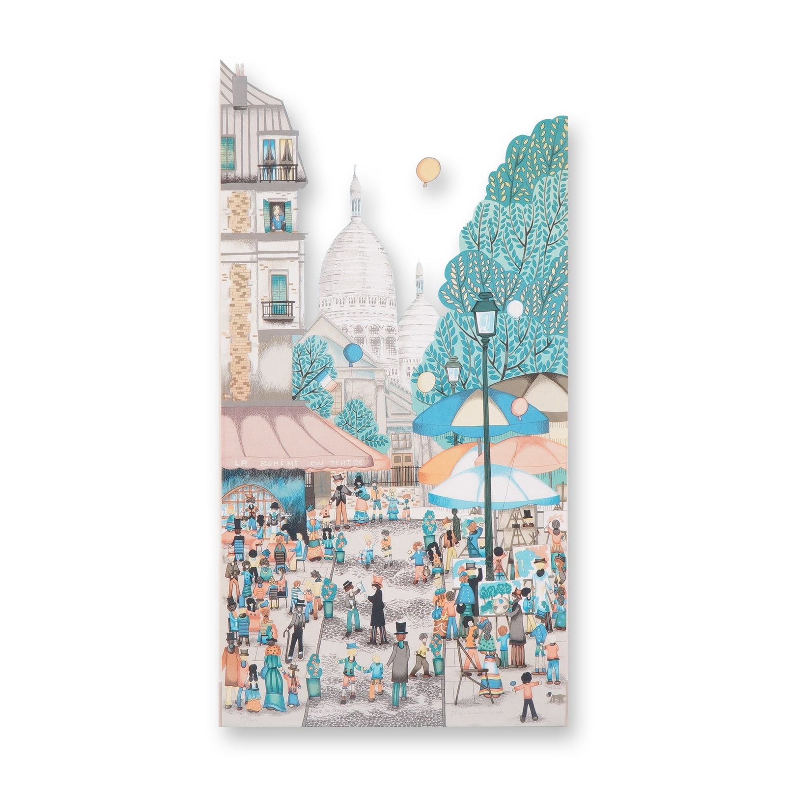 Fanch Ledan, Place du Tertre, Color Lithograph, Hand-signed: This color lithograph by French artist Fanch Ledan (born 1949) depicts a bustling scene at the Place du Tertre in the Montmartre district of Paris. The work is executed in the artist's characteristic 