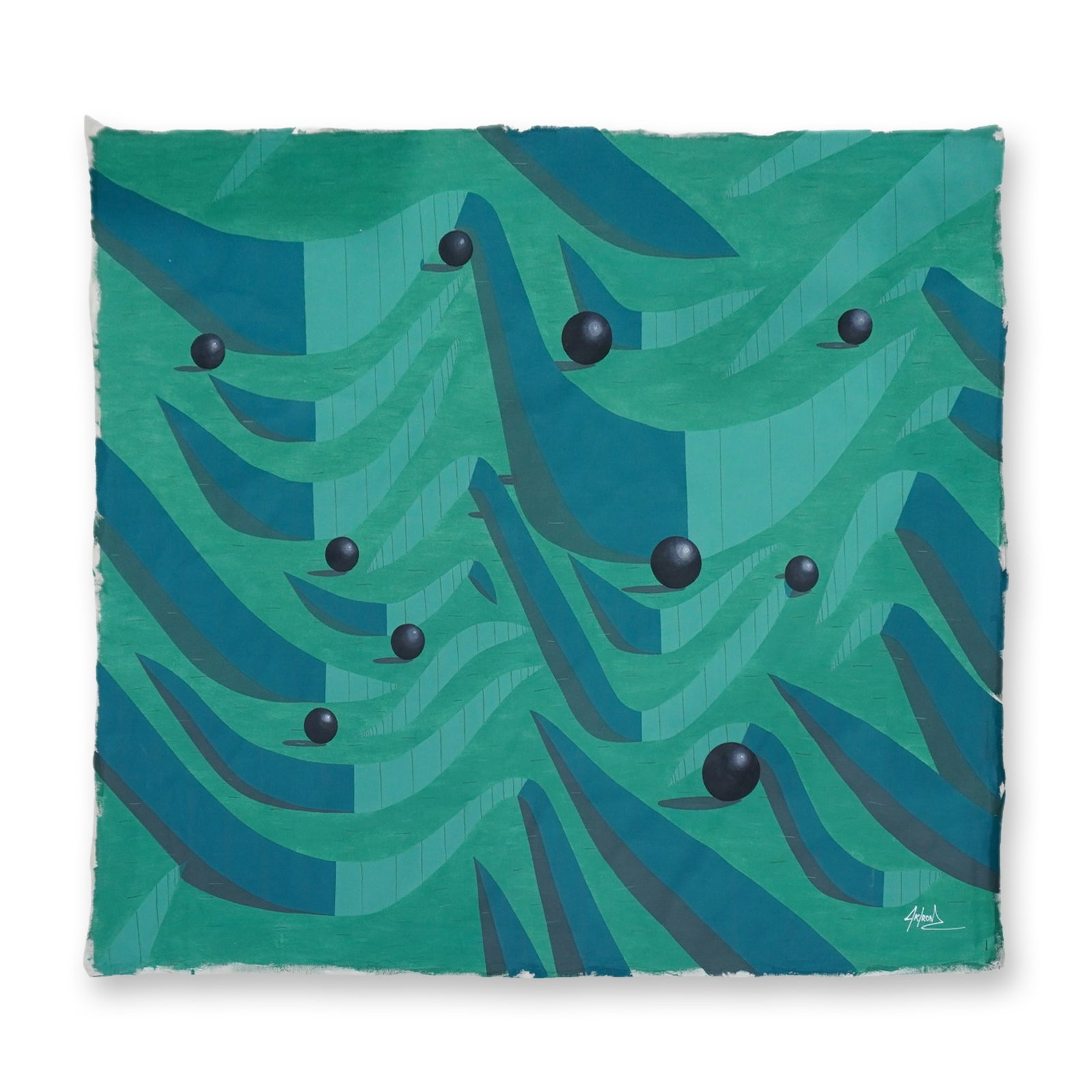 Ak/ron, Acrylic on Unstretched Canvas, Relativity in Deep Green, Signed: This large acrylic on unstretched canvas is dated 1998 and titled Relativity in Deep Green. Ak/Ron paints a rhythmic arrangement of undulating, ribbon-like forms in varying shades of teal and emerald 
