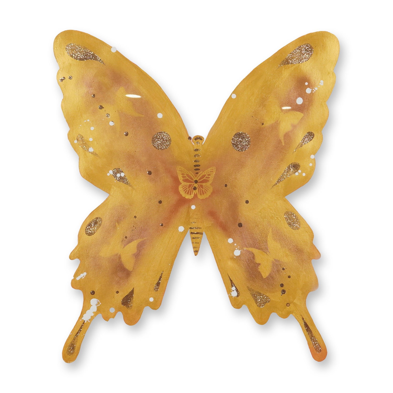 Sebastian Bispo Multimedia on Paper Painting of Butterflies: This multimedia on paper painting by Sebastian Bispo depicts butterflies and is executed with acrylic, glitter, and spray paint. The central figure is a large butterfly rendered in gold metallic paint