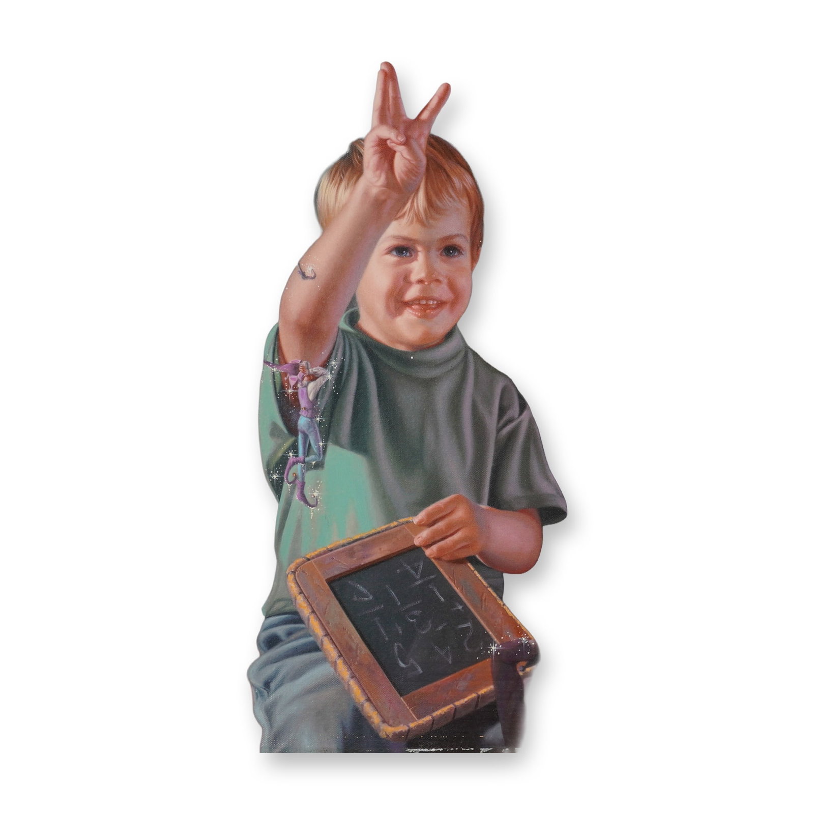 Bob Byerley Hand Embellished Serigraph on Canvas 45/395: This hand embellished serigraph on paper applied to canvas is by American artist Bob Byerley (1941-2019). The work is an example of Magic Realism and depicts a young boy holding a wooden-framed slate