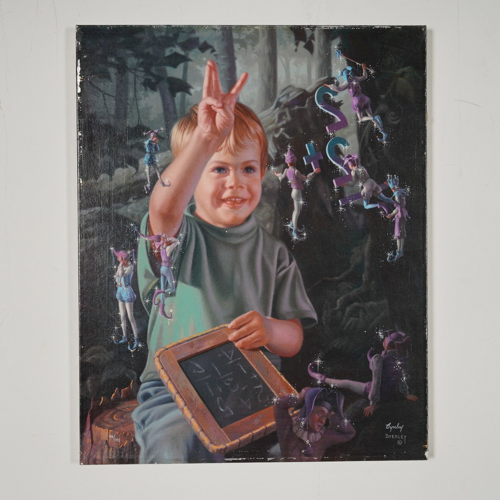 Bob Byerley Hand Embellished Serigraph on Canvas 45/395: This hand embellished serigraph on paper applied to canvas is by American artist Bob Byerley (1941-2019). The work is an example of Magic Realism and depicts a young boy holding a wooden-framed slate 