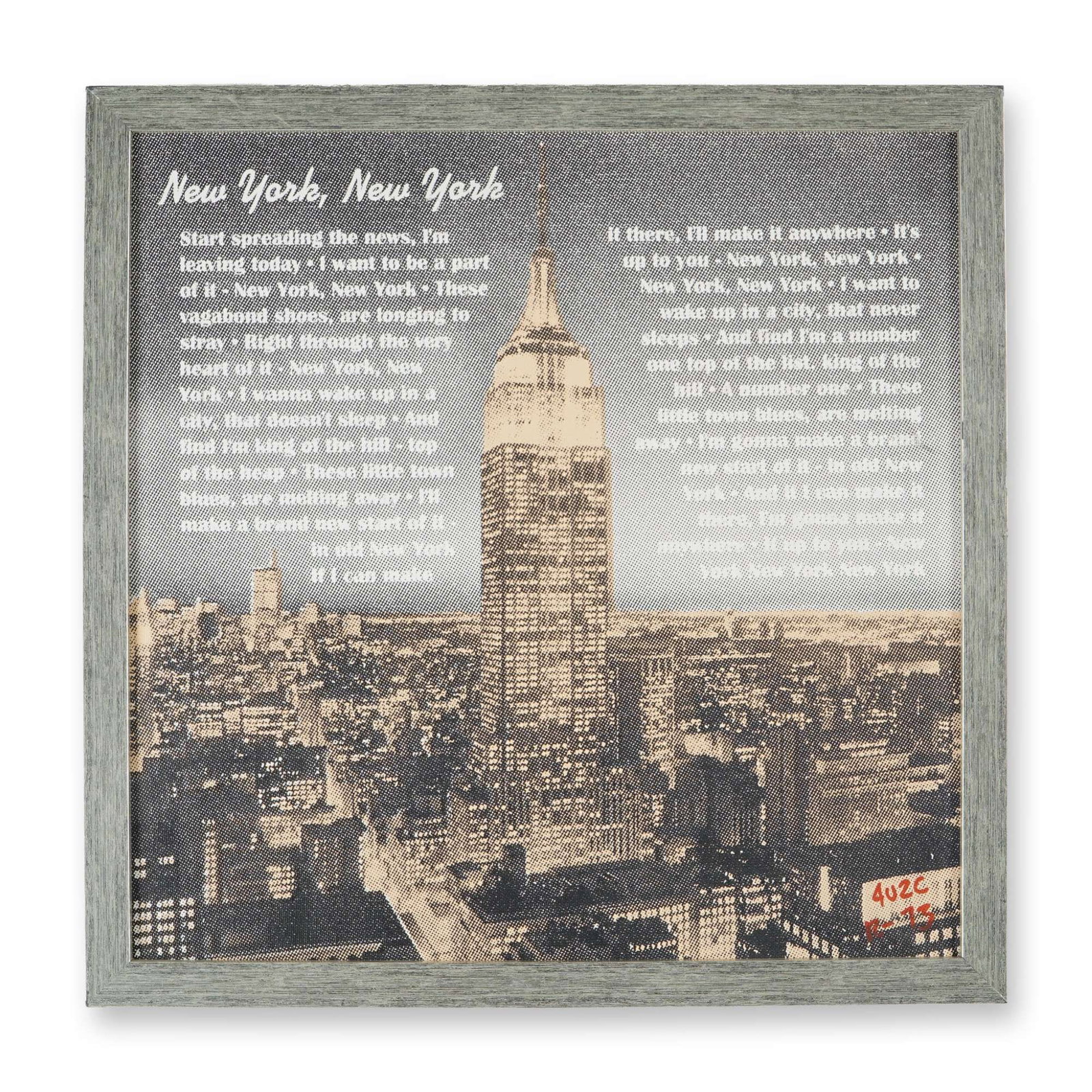 Ringo, Silkscreen on Canvas, New York New York - Hand Signed: Silkscreen on canvas depicting the Empire State Building with lyrics from "New York, New York," made famous by Frank Sinatra. This Pop Art-style composition is signed "Ringo" in red at the lower right