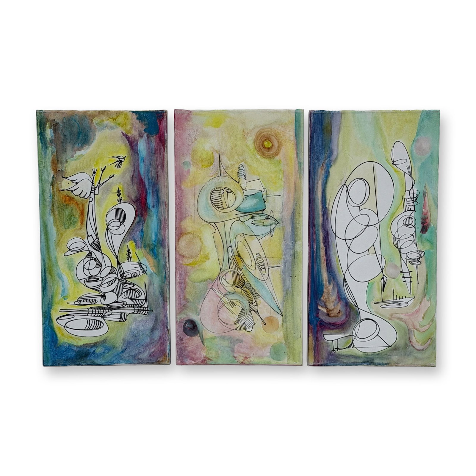 3pc Alfonso Rendon aka Masplata (Panamanian, 1957 - 2025), Watercolor with Pen on Canvas, Angels and: This three piece lot of unsigned original works in smaller format by Masplata. These art pieces displays his unique style in lines and forms while surrounding his images with color. Artist: Alfonso